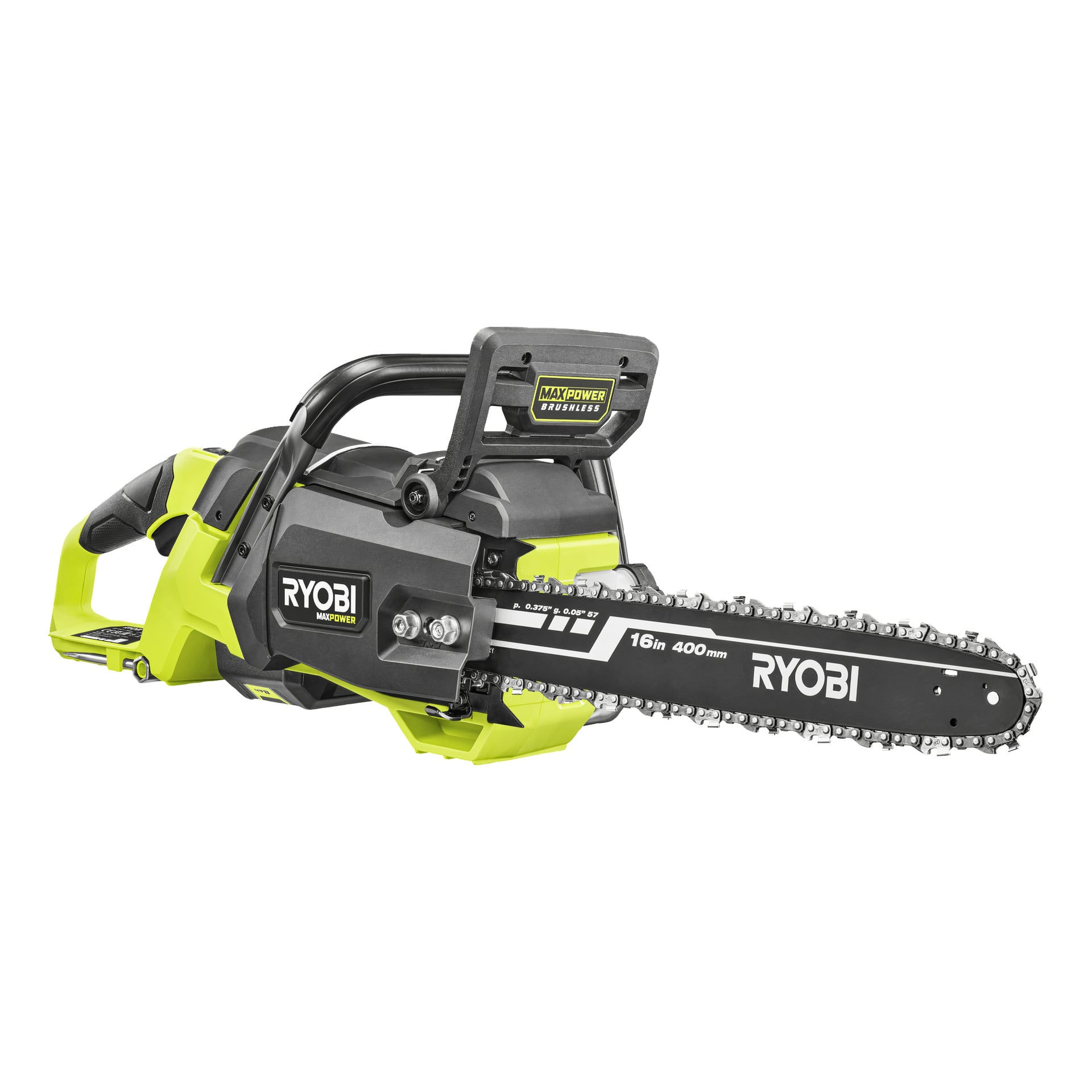 Ryobi 16-tommers trådløs motorsag i svart og grønt, med blad, håndbeskytter, ergonomisk håndtak og sidemerke med synlige spesifikasjoner.