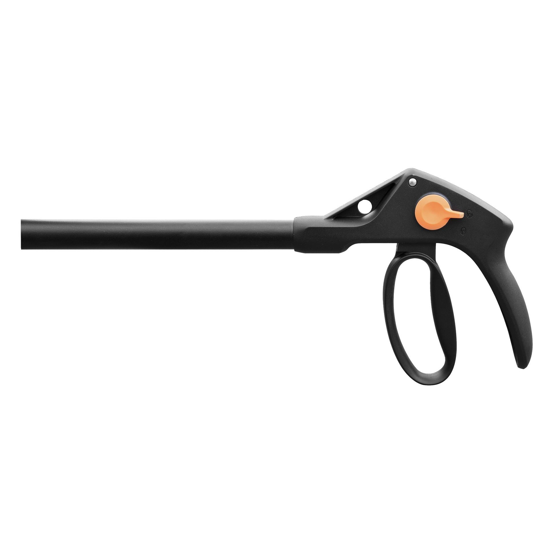 Närbild av ett svart plasthandtag med en orange glidknapp och ovalt grepp, kopplat till en lång svart stång.