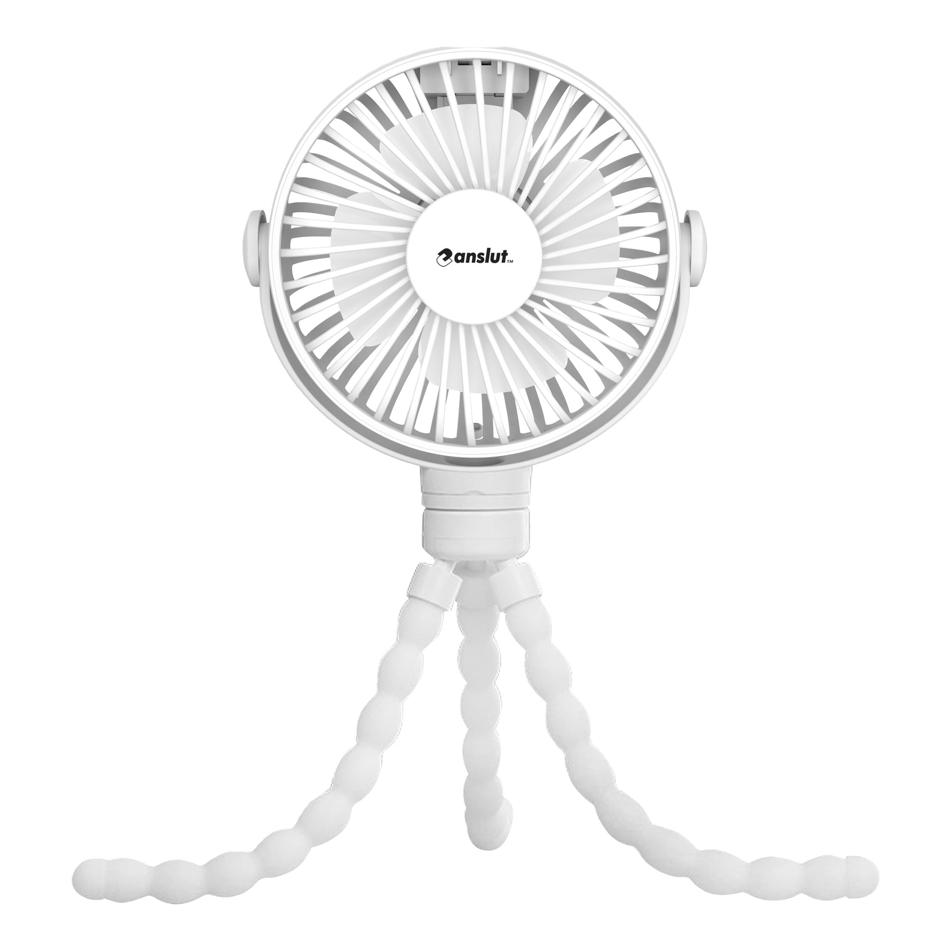 En kompakt vit fläkt med rund grill och Önsult-märkning, stödd av tre flexibla stativliknande segmenterade ben.