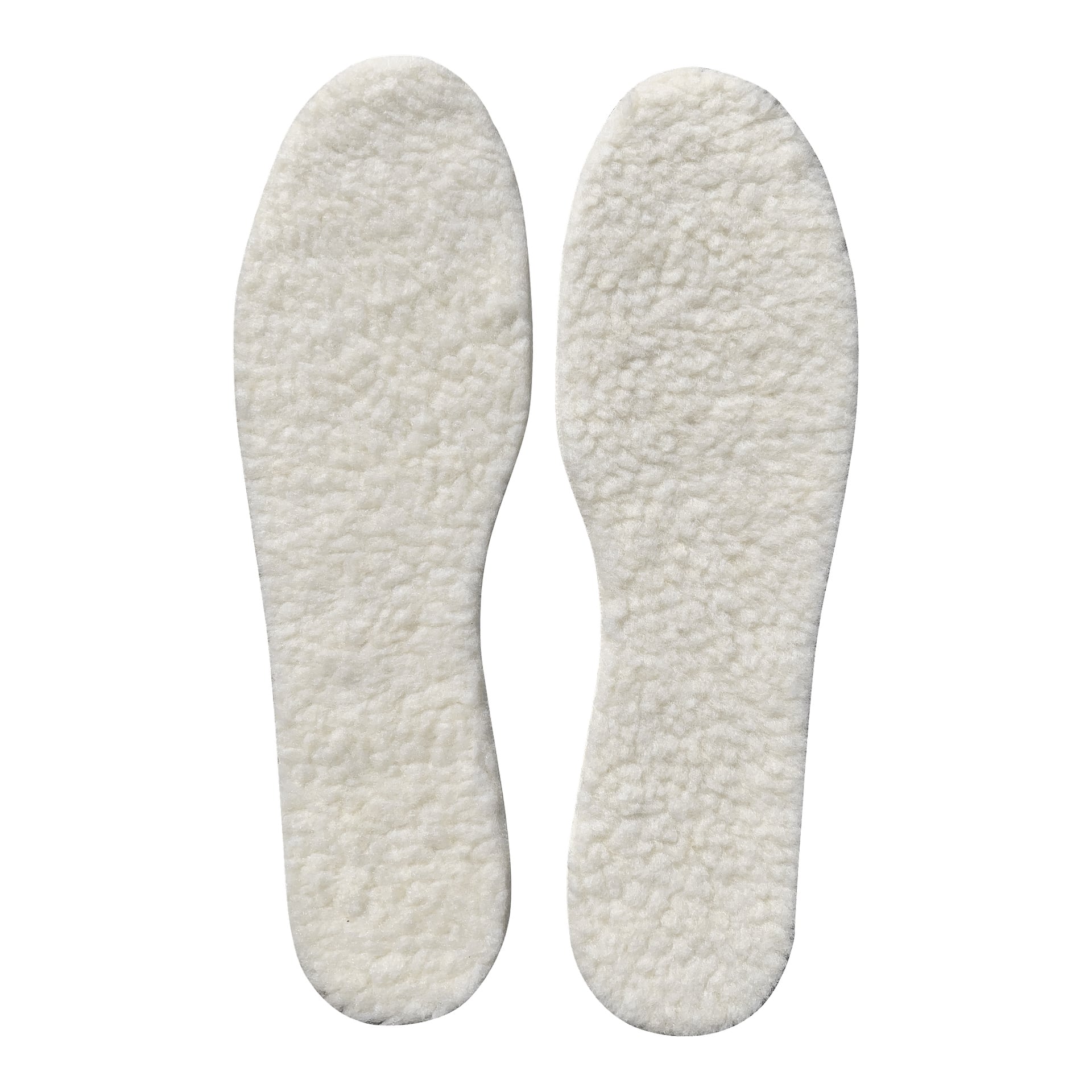 Ett par fluffiga vita fleeceskosulor ligger platt sida vid sida och visar deras texturerade översida.