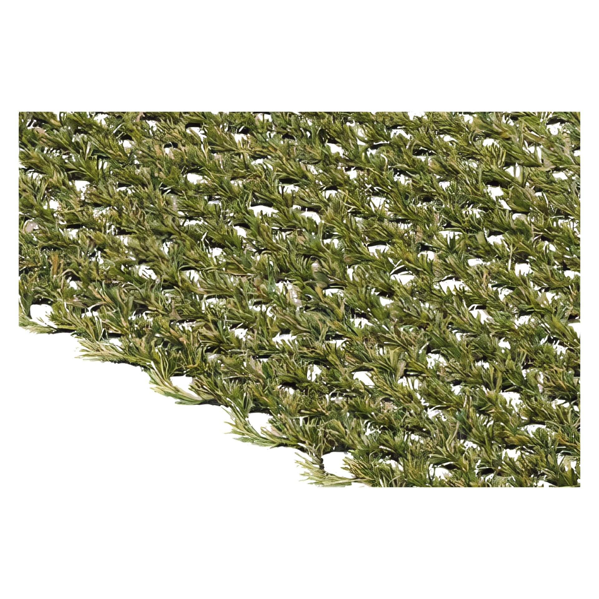 Närbild av ett grönt, vävt syntetiskt nät som liknar konstgräs, med diagonala fibrer och synliga glipor mellan trådarna.