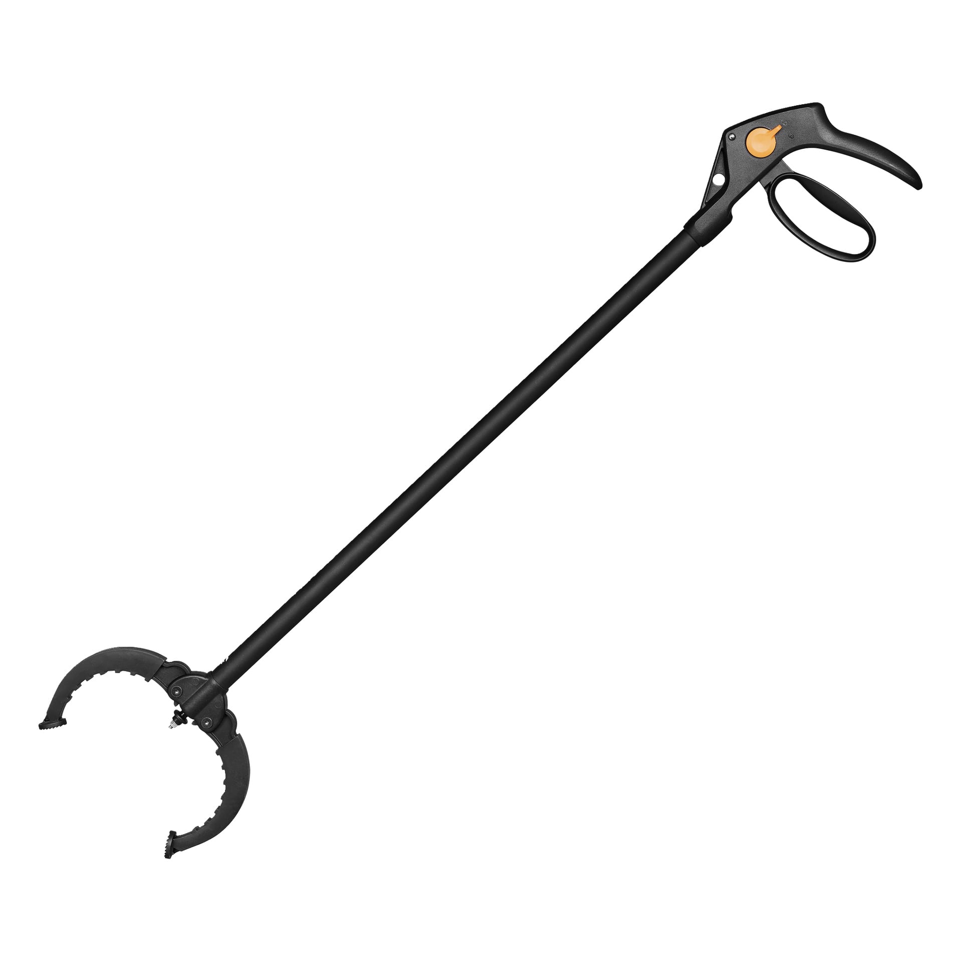 Ett svart gripverktyg med pistolstil, avtryckare och förlängt skaft som slutar i ett kloformat grepp.