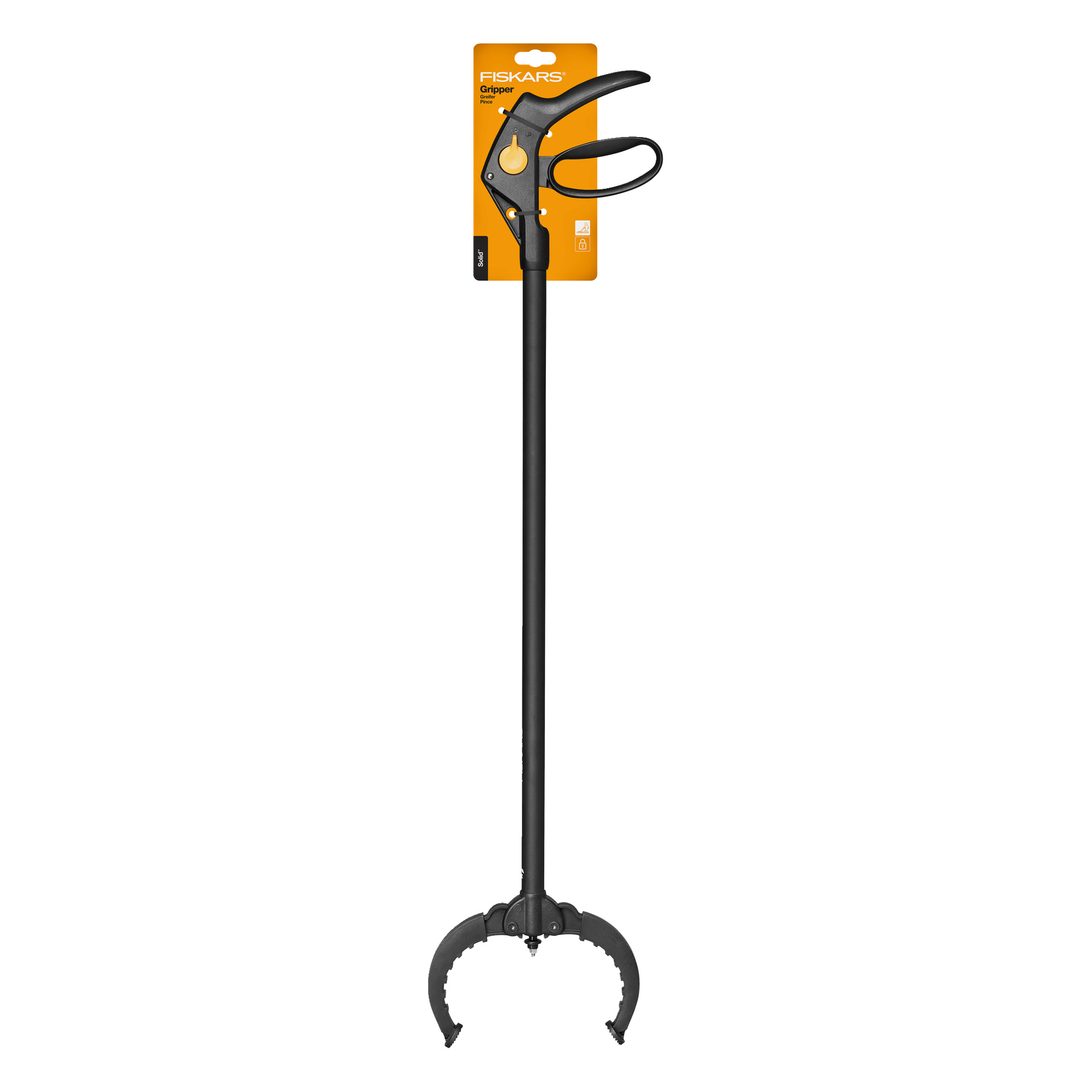 Ett svart Fiskars-greppverktyg med långt handtag och klogrepp, upplyst med orange produktförpackning.
