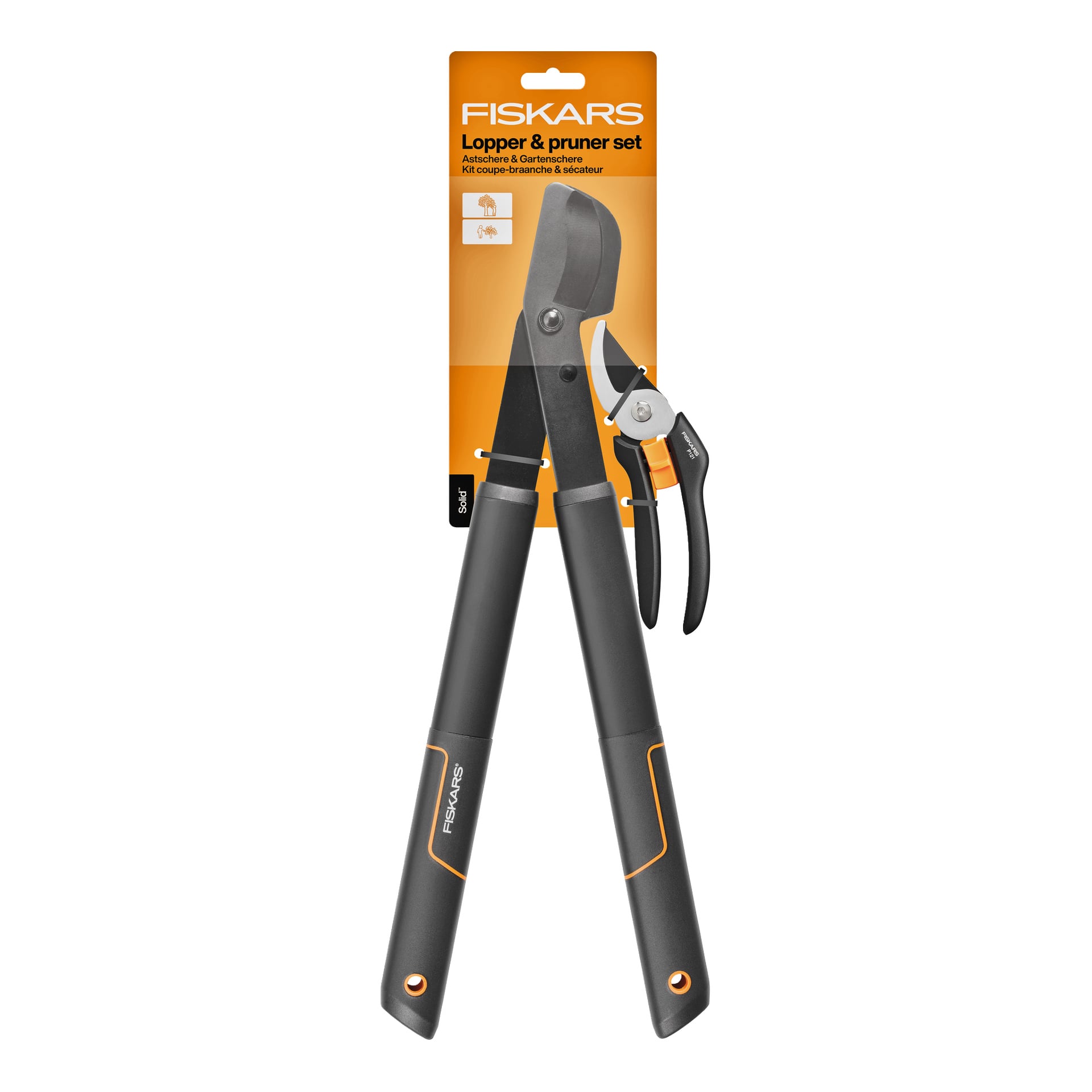 Ein verpacktes Fiskars-Set mit einem großen, langstieligen schwarzen und orangefarbenen Kantenschneider und einer kleineren Gartenschere, beide mit der Marke markenbeschriftet.