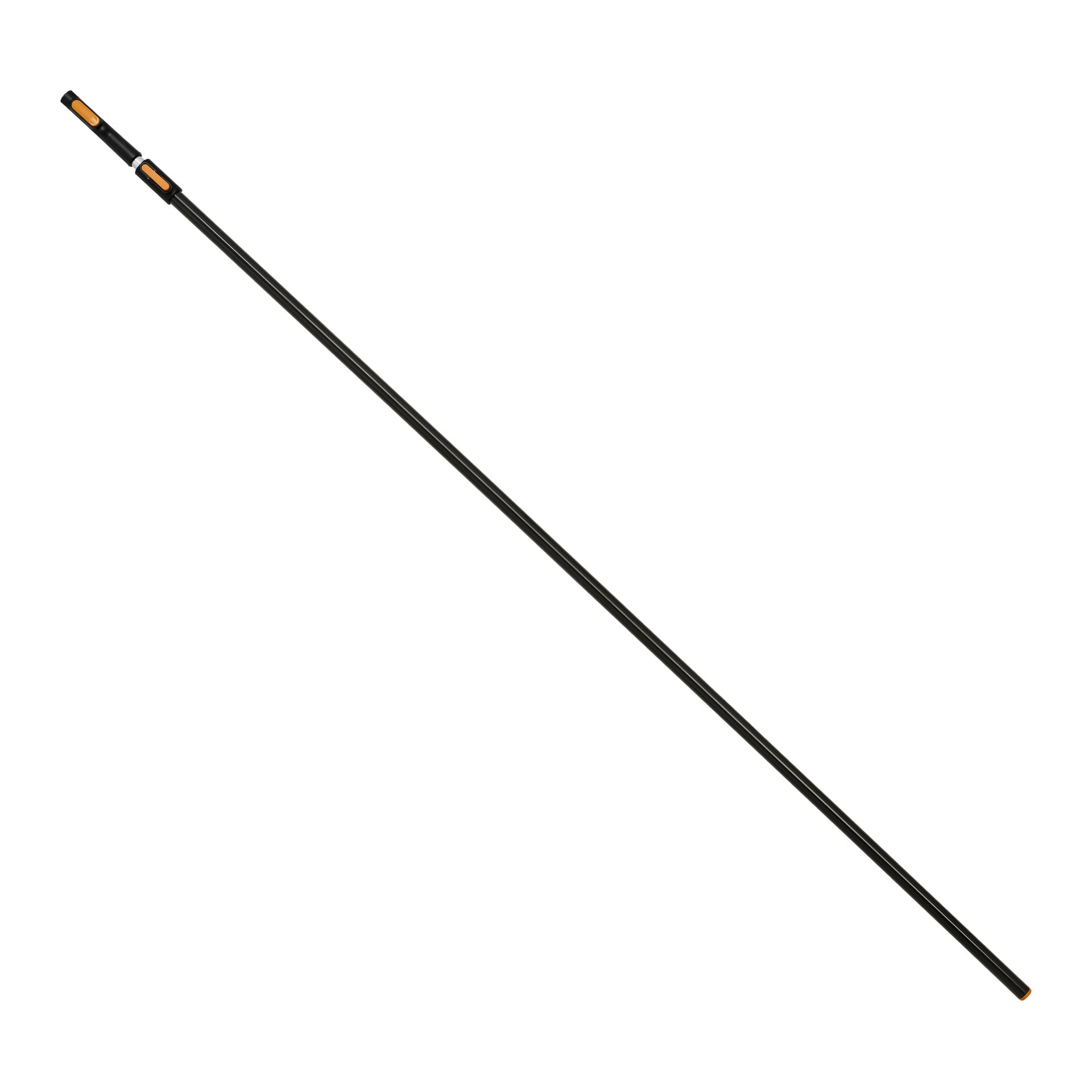 En lång, svart teleskopstång med klara orange detaljer i båda ändar.