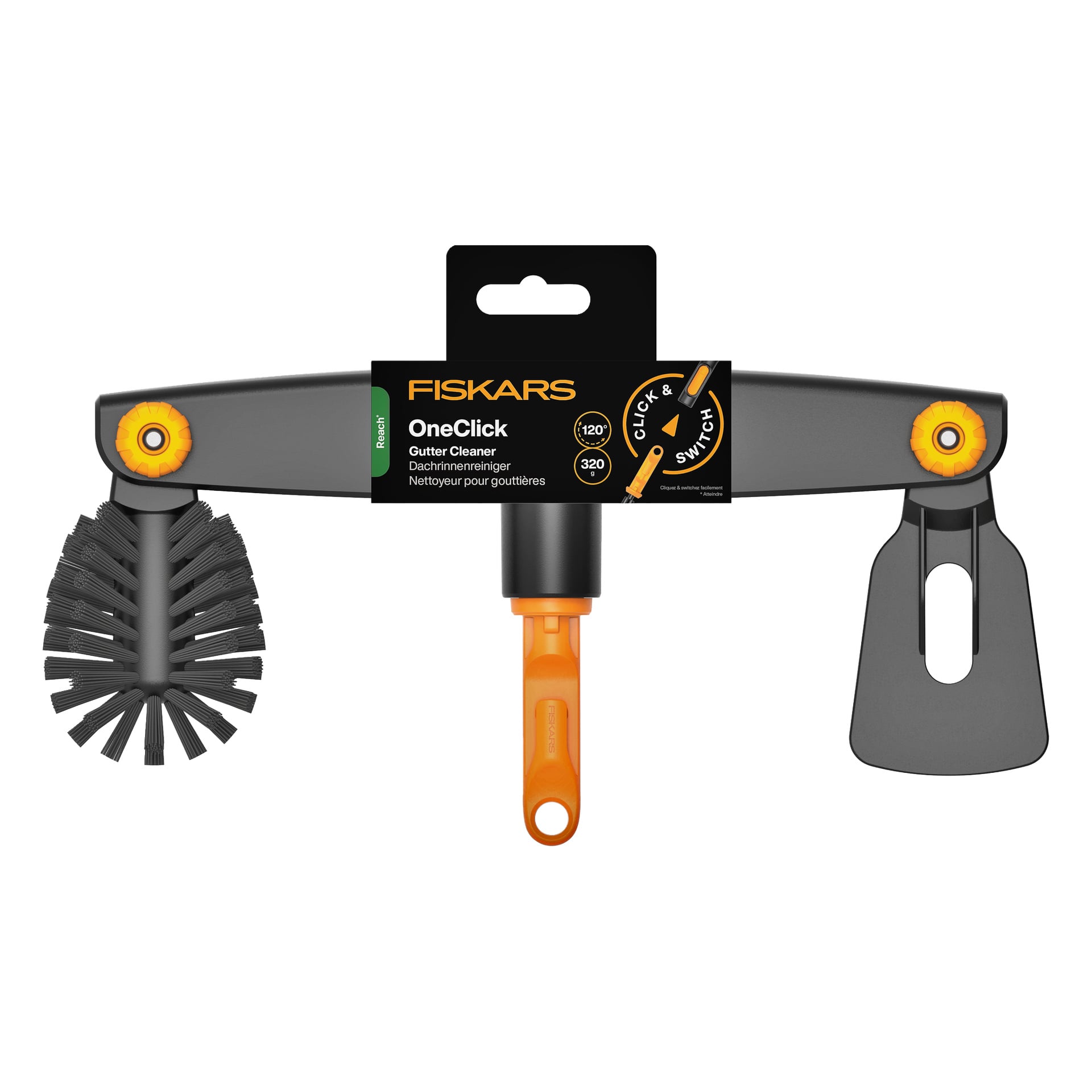 Fiskars OneClick Dachrinnenreiniger mit schwarz-orangefarbenem Griff, Rundbürste an einem Ende, flacher Schaber am anderen, in Einzelhandelsverpackung.