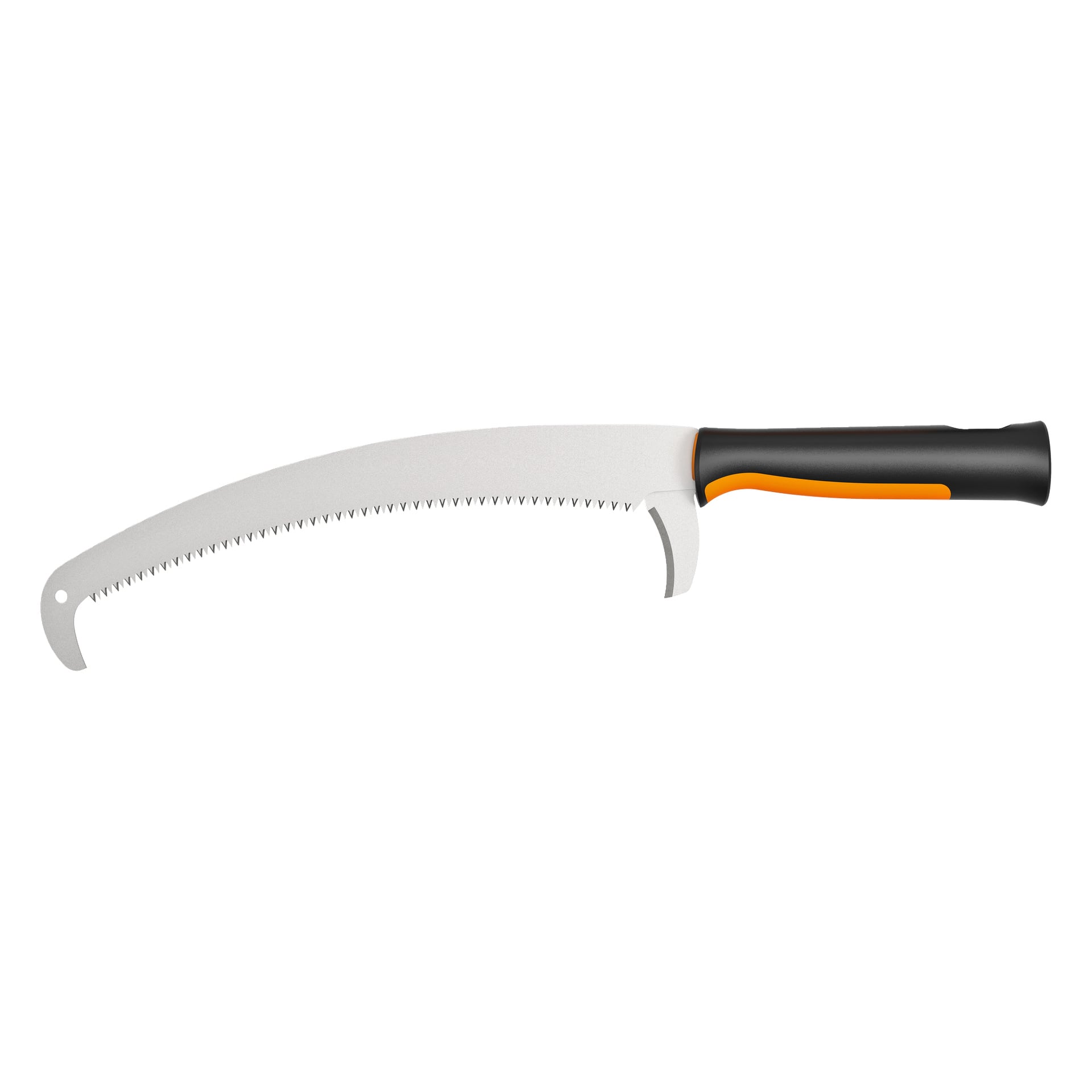 Eine gebogene Schnittsäge mit einem gezackten Blatt, einer hakigen Spitze und einem ergonomischen Griff in Schwarz und Orange.