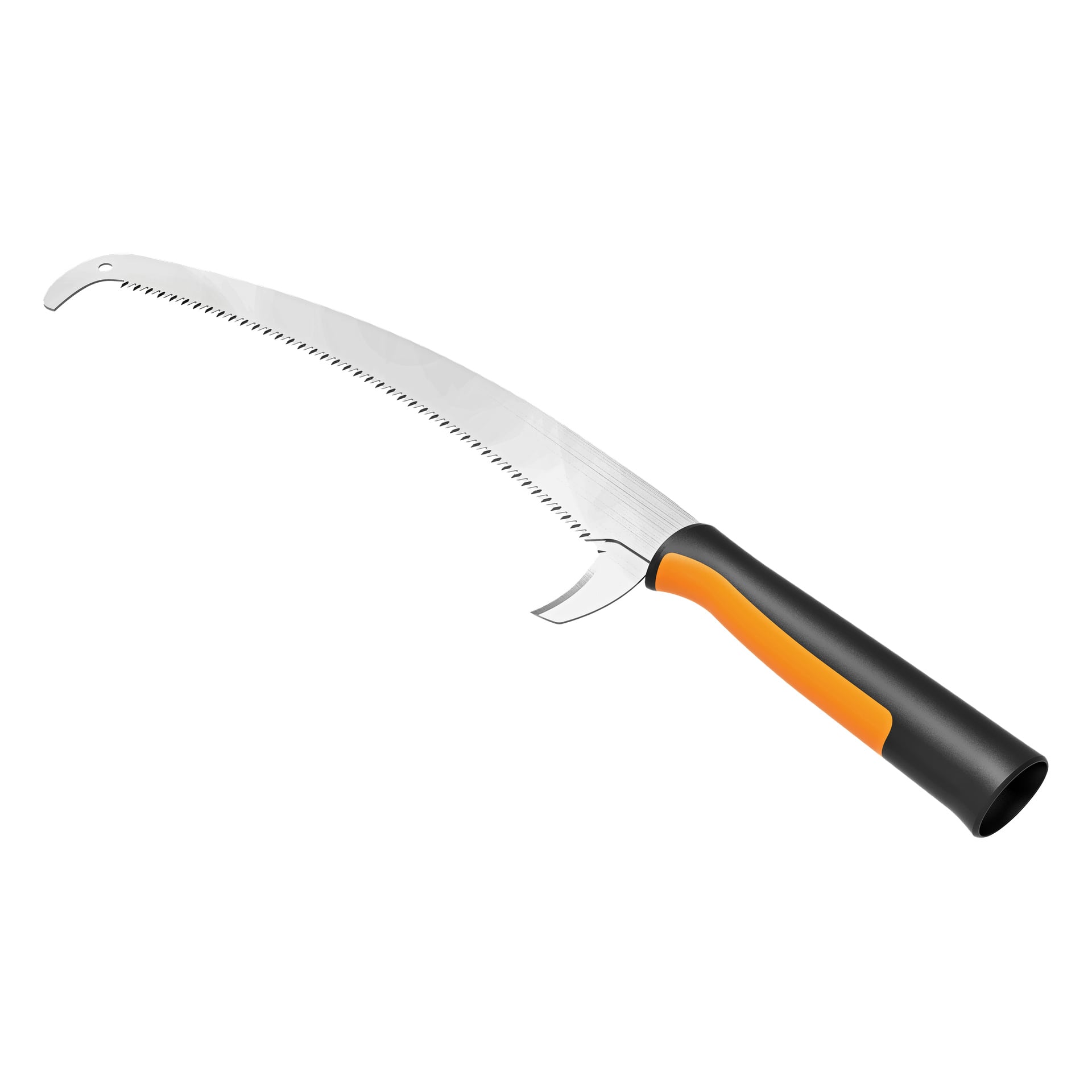 Eine gebogene Schnittsäge mit einer gezackten Metallklinge, einer hakigen Spitze und einem ergonomischen Griff in Schwarz und Orange.