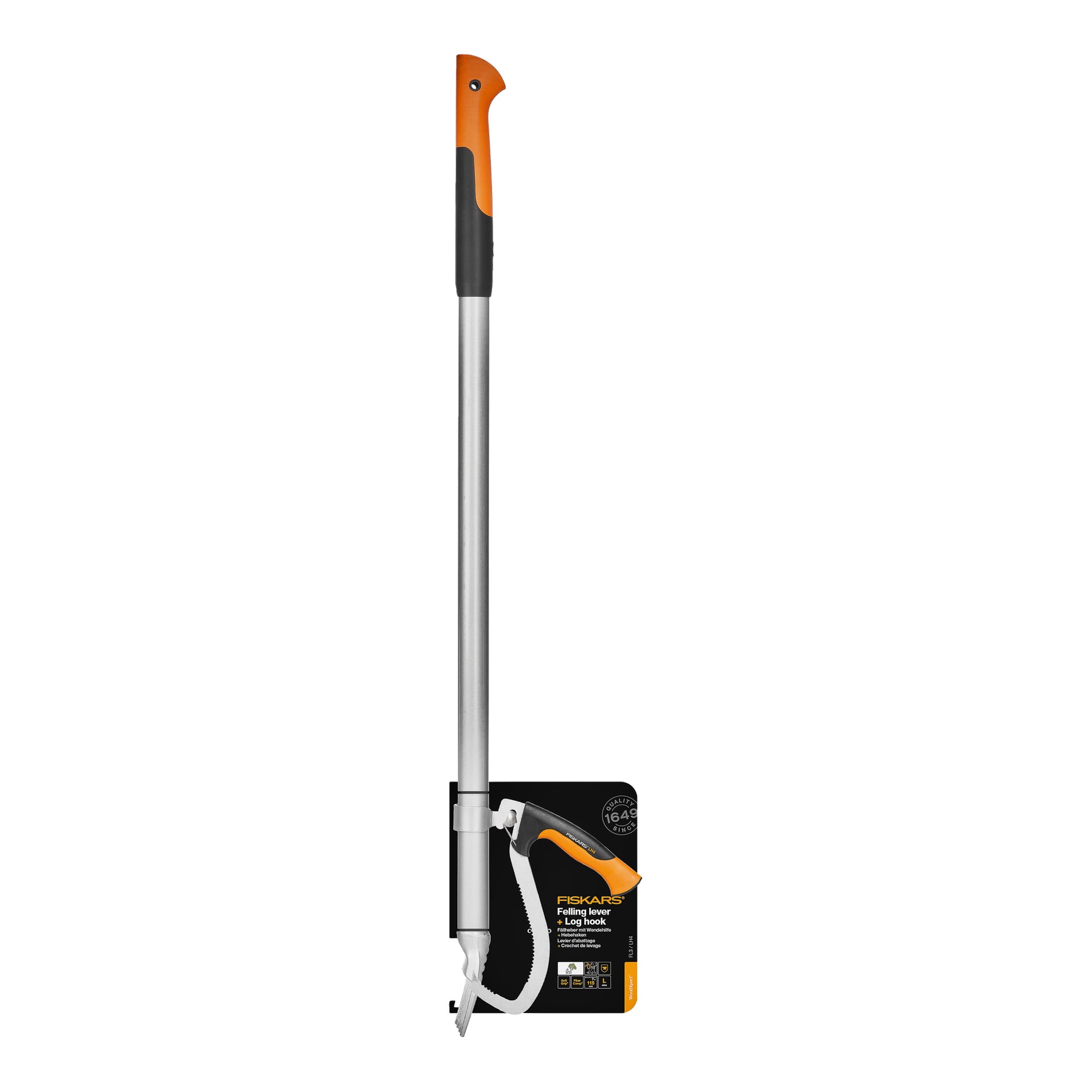 En Fiskars utdragbar Power-Lever Lopper med silverfärgat teleskophandtag, orange grepp och vasst blad, uppvisad i förpackning.
