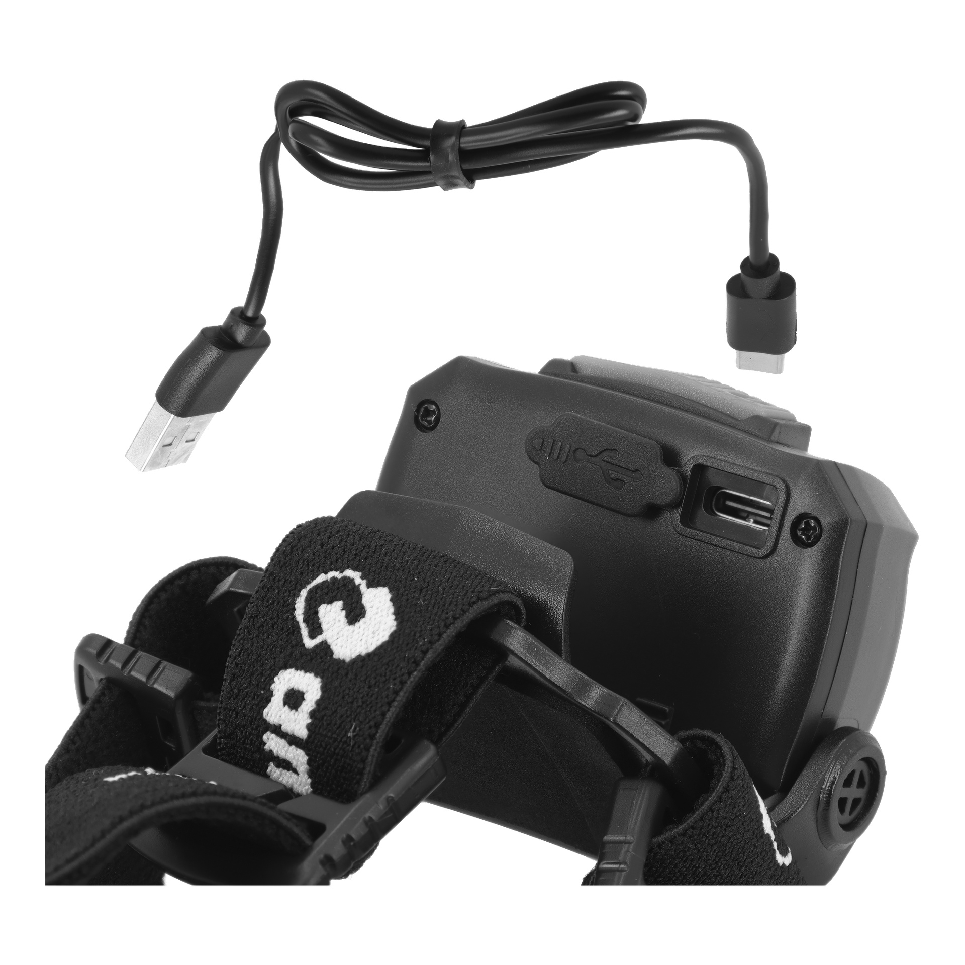 Närbild på en svart enhet med rem, täckt USB-port och separat kabel med standard- och micro-USB-kontakter.