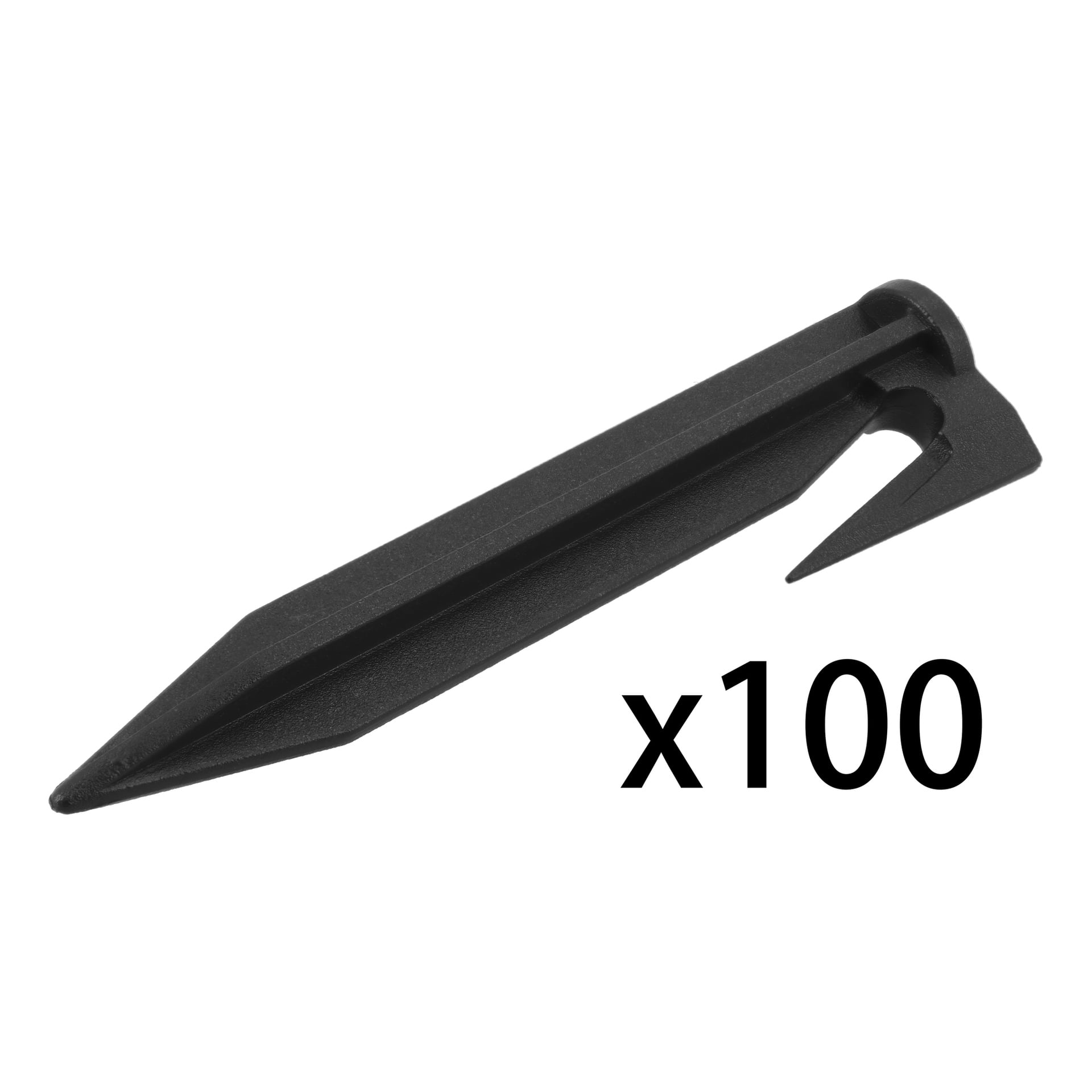 En enkelt svart plast hagepåle med spiss spiss og krok, vist med "x100" ved siden av for å indikere en 100-pakning.