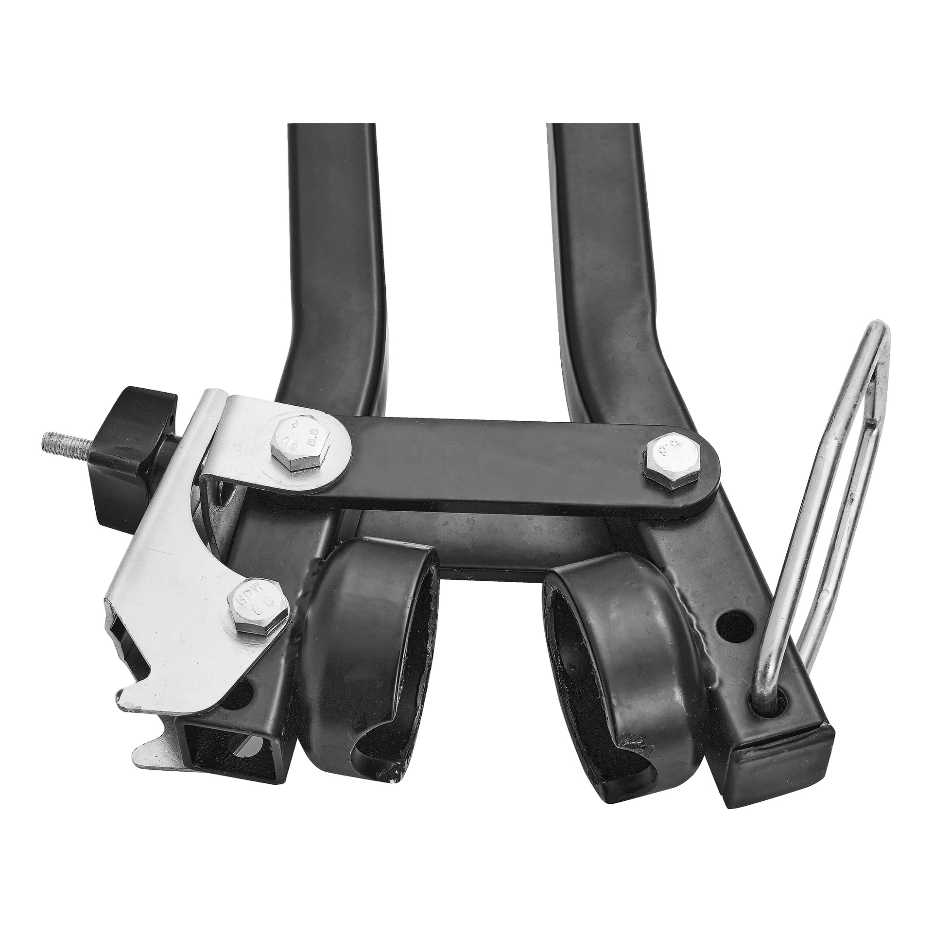 Svart metall cykelstöd med två armar, bultar, ett silverfäste och en fjäder för ökad stabilitet.