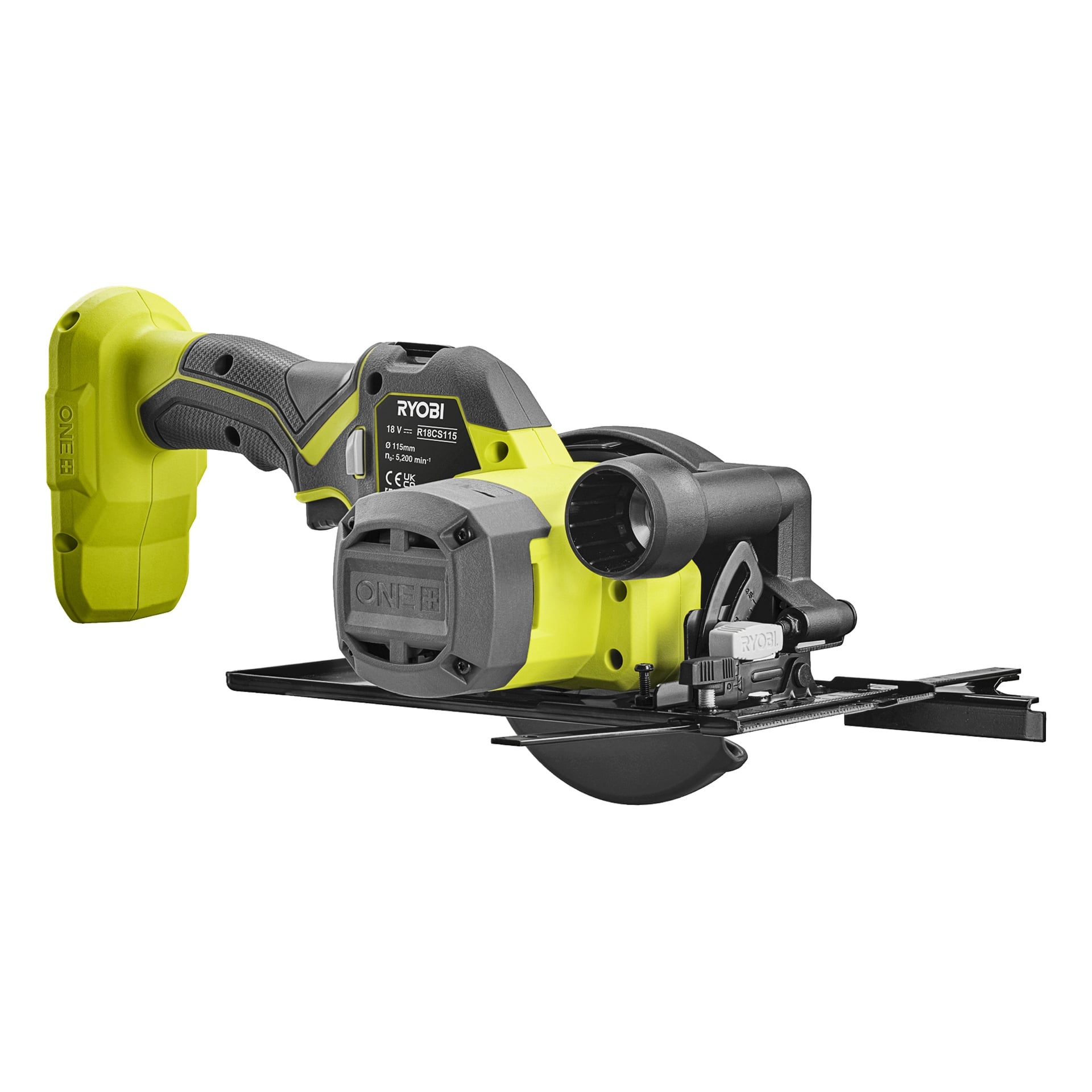 Ryobi sladdlös cirkelsåg med svart och gult handtag, svart bladskydd och genomskinlig brännmärkning.