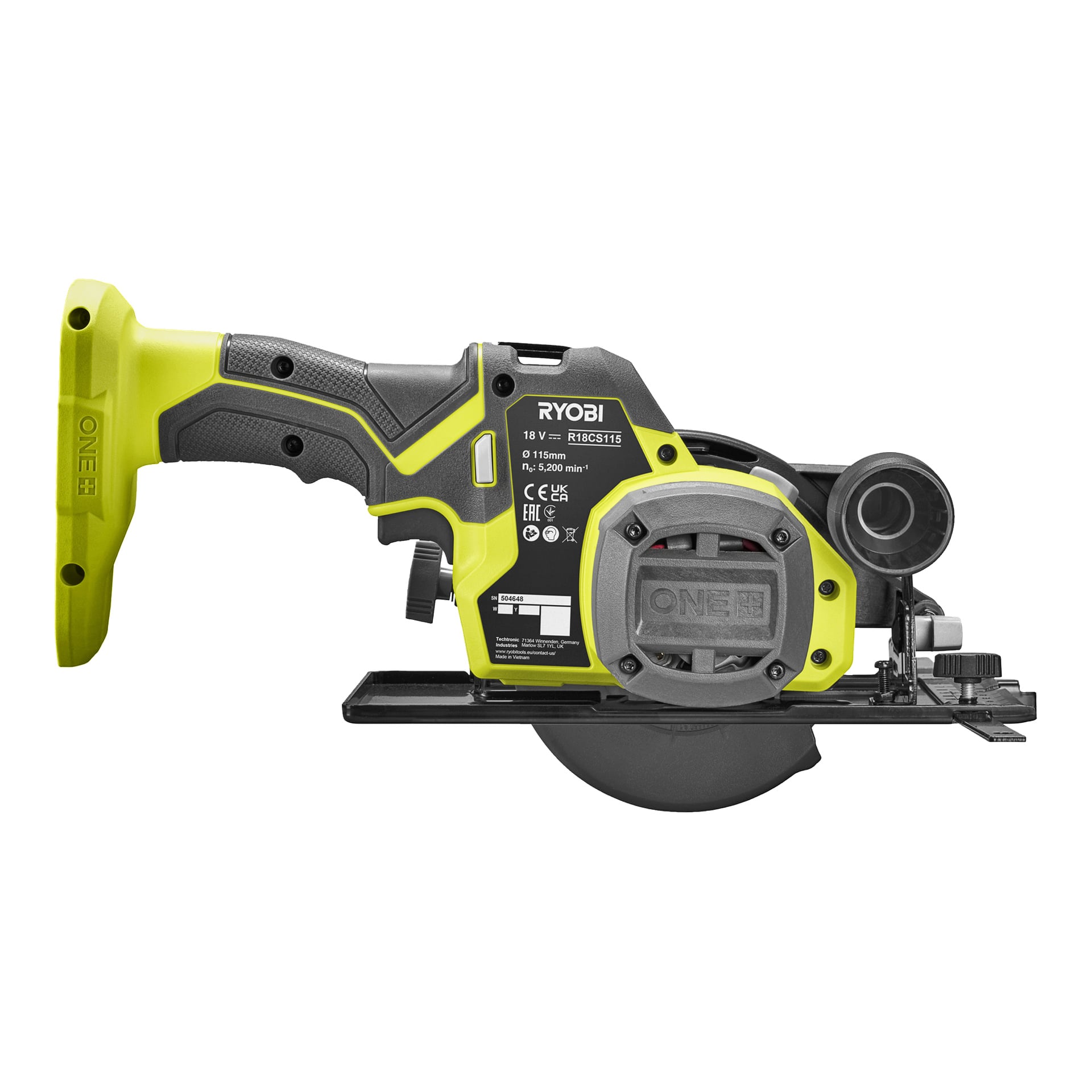 En gul och svart Ryobi RBCS115 sladdlös cirkelsåg syntes från sidan, med grepphandtag, bladskydd och etiketter, utan batteri.