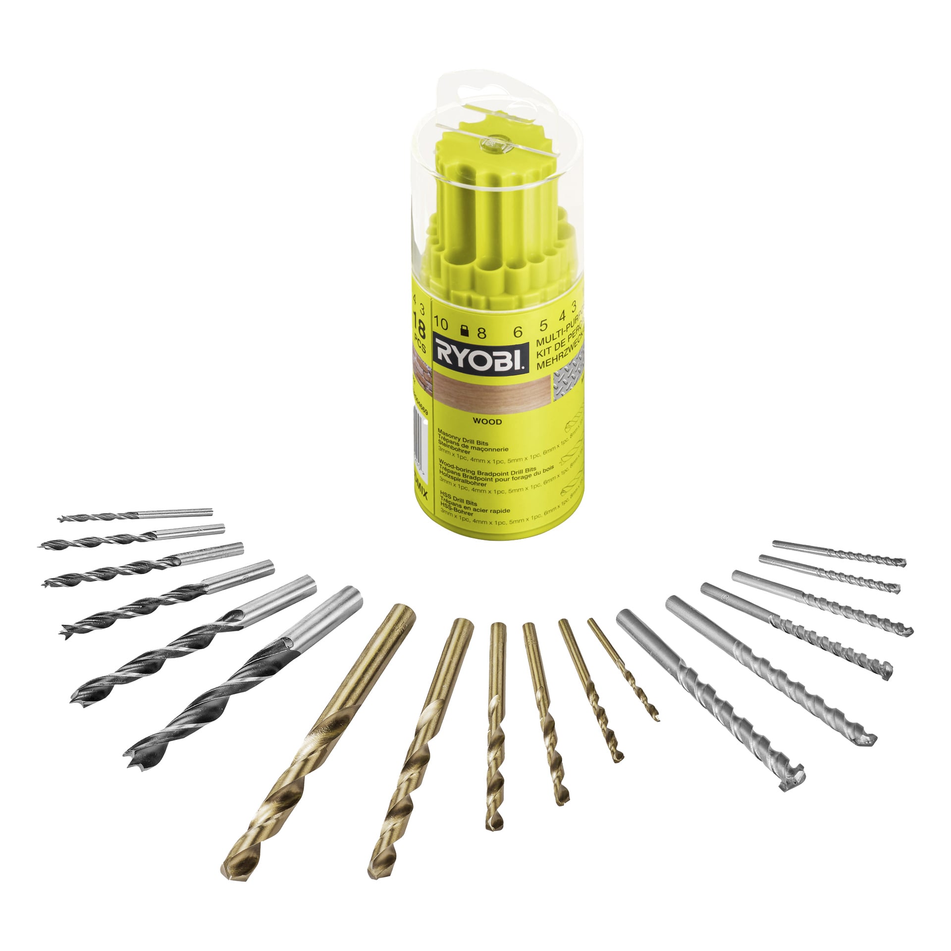Ett Ryobi-borrset med 17 borrbitar arrangerade i en halvcirkel runt ett gult hölje med genomskinligt lock, som visar logotyp och etiketter.