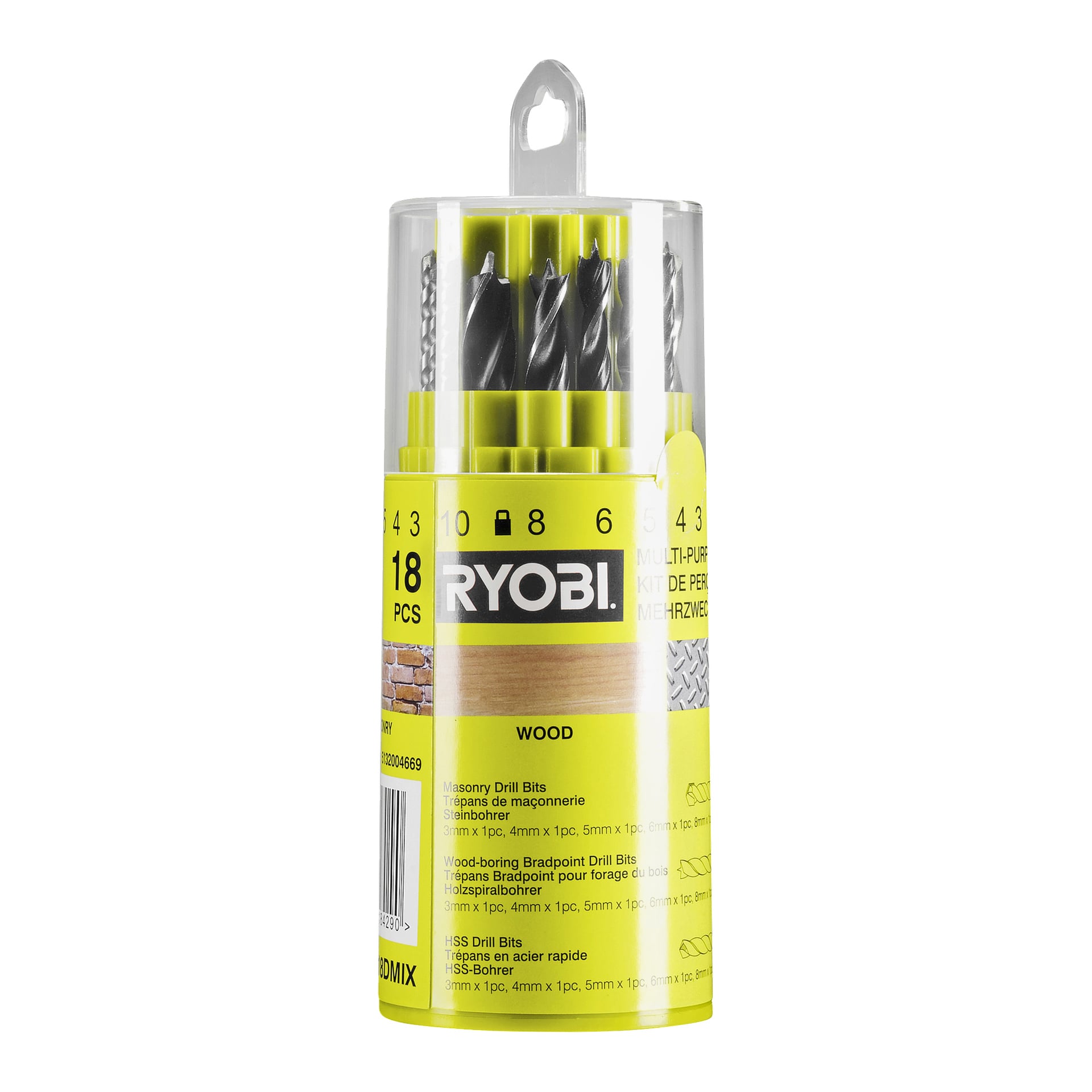 Ett plastfodral visar 18 Ryobi-borrbitar i olika storlekar, märkta för trä, murverk och HSS, med en gul-vit informationsetikett.