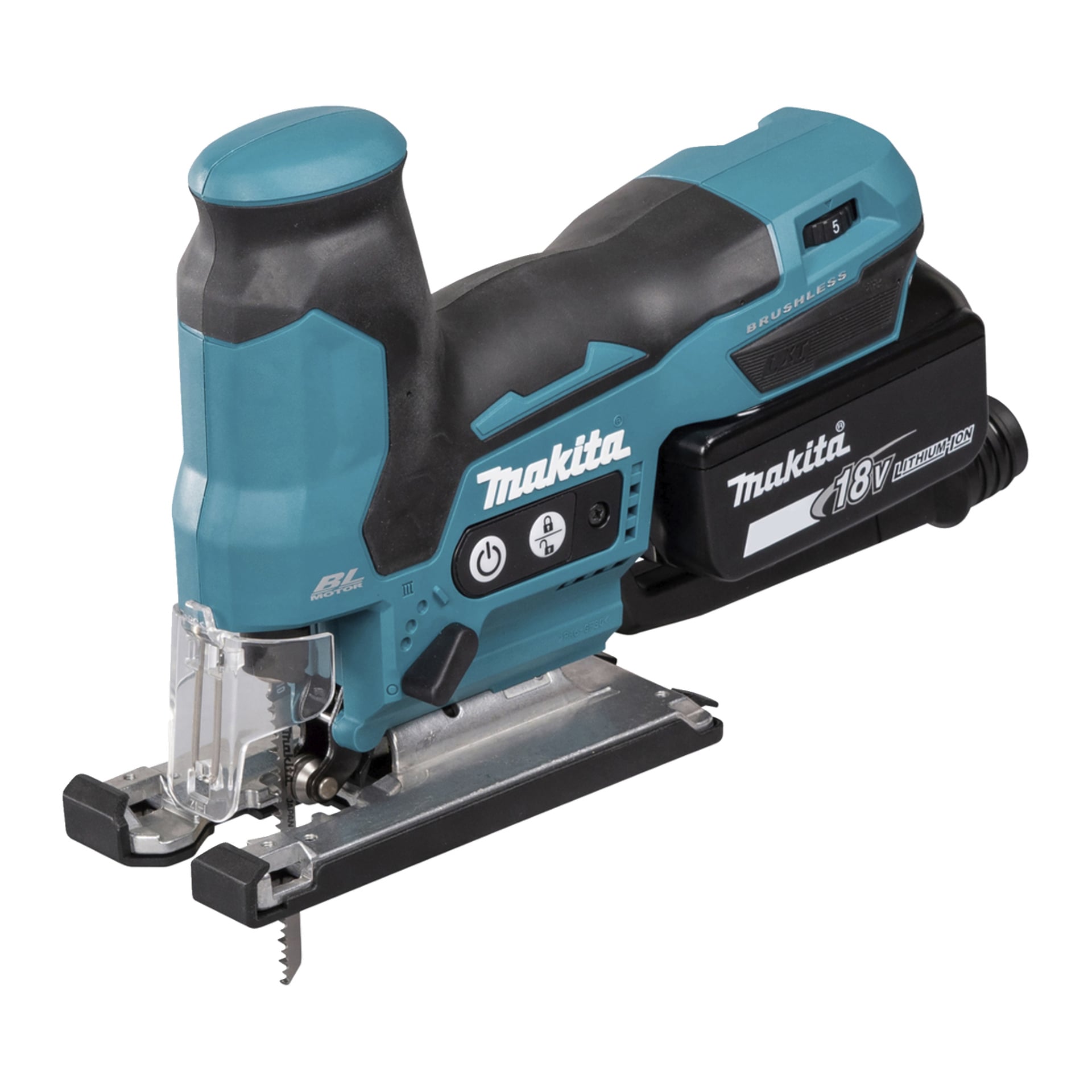 En blå och svart Makita 18V sladdlös sticksåg med synligt batteri, genomskinlig bladskydd och sidoknappar.