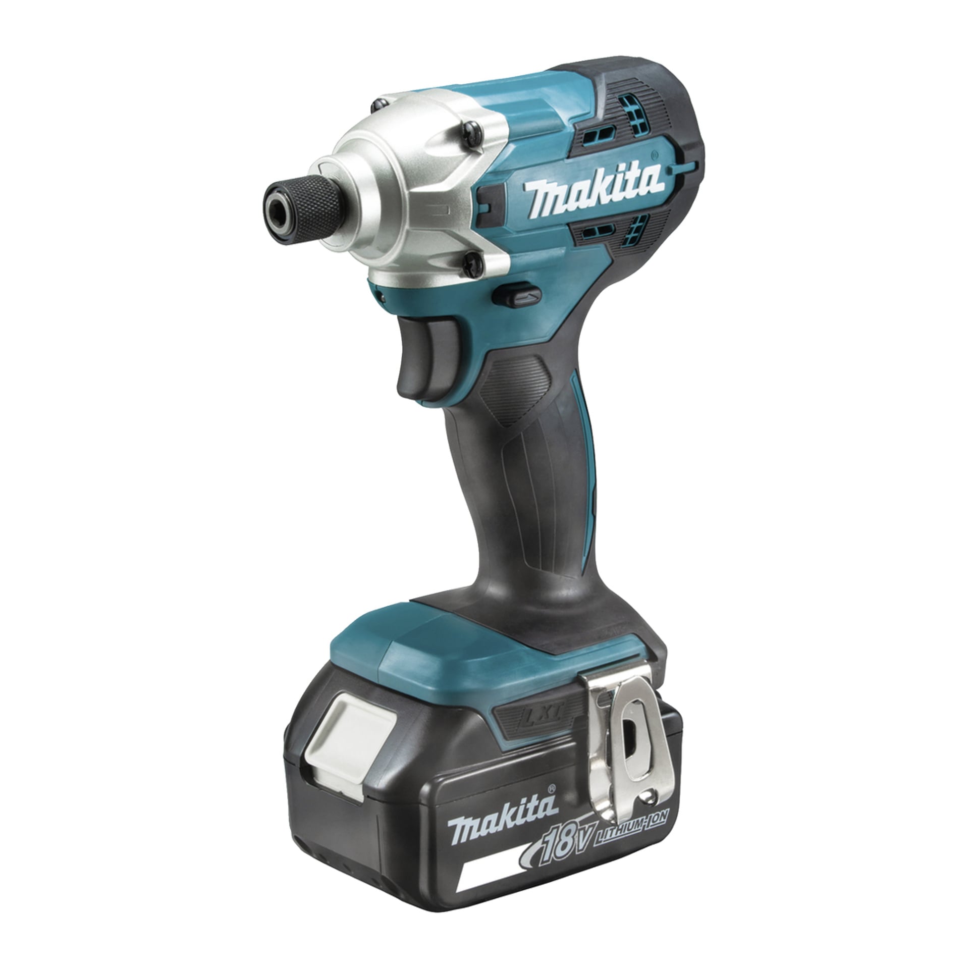 En Makita 18V sladdlös slagdrivare står upprätt, med en svart och tealfärgad kropp, metallklämma och framträdande märkesetiketter.