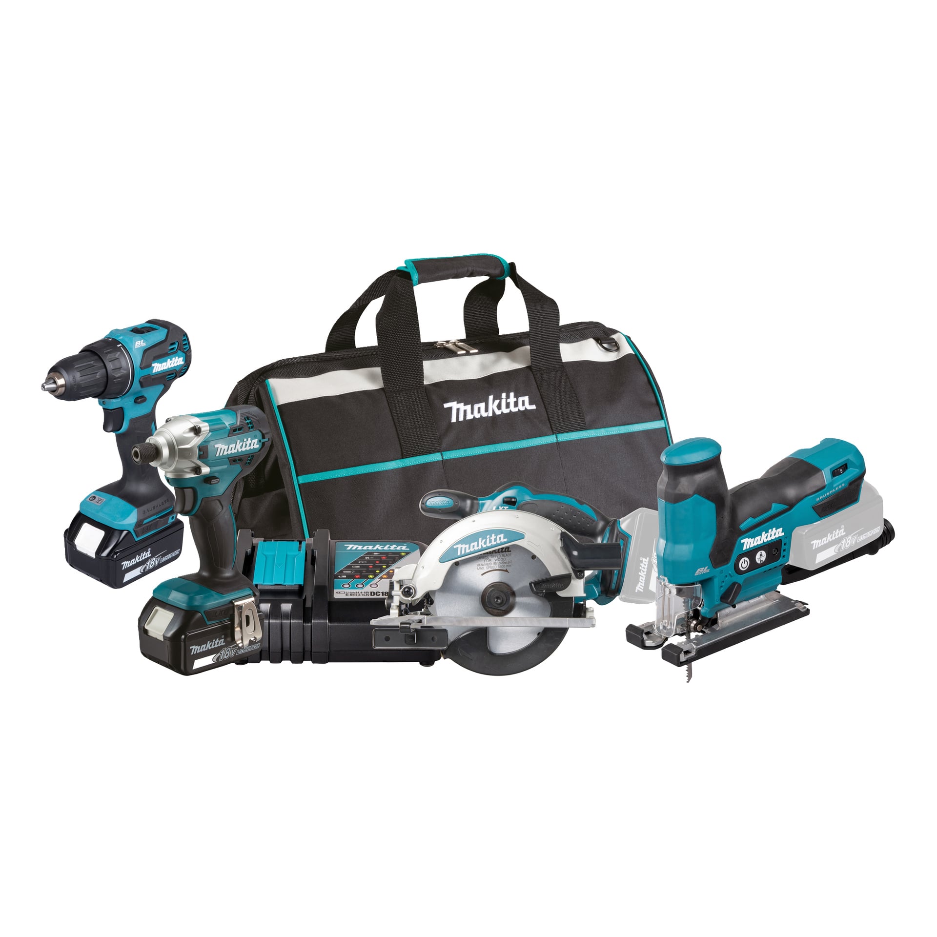 Makita verktygsväska i svart och teal, visad med en sladdlös borrmaskin, slagdragare, cirkelsåg, sticksåg, batteripack och laddare.