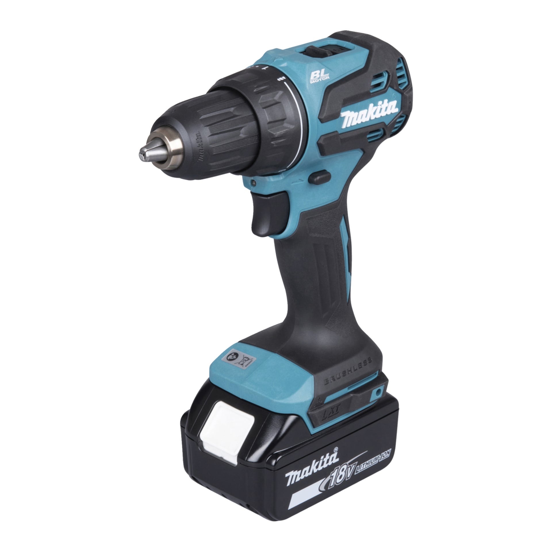 Makita 18V sladdlös borrmaskin i svart och teal, med en borstlös motor och ett uppladdningsbart batteri i basen.
