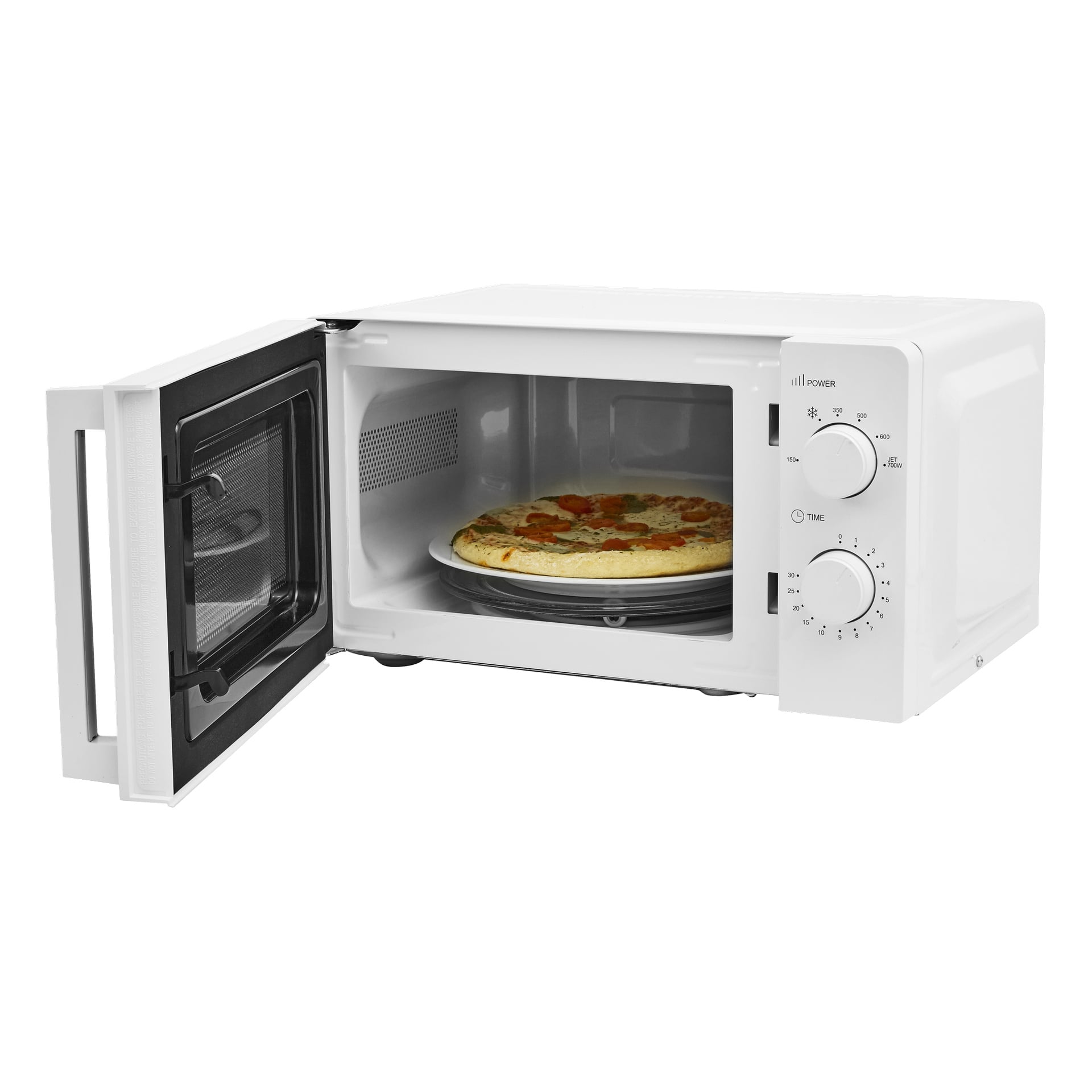 En vit mikrovågsugn med öppen dörr avslöjar en pizza på glasskivspelaren; Två rattar till höger justerar effekt och timer.