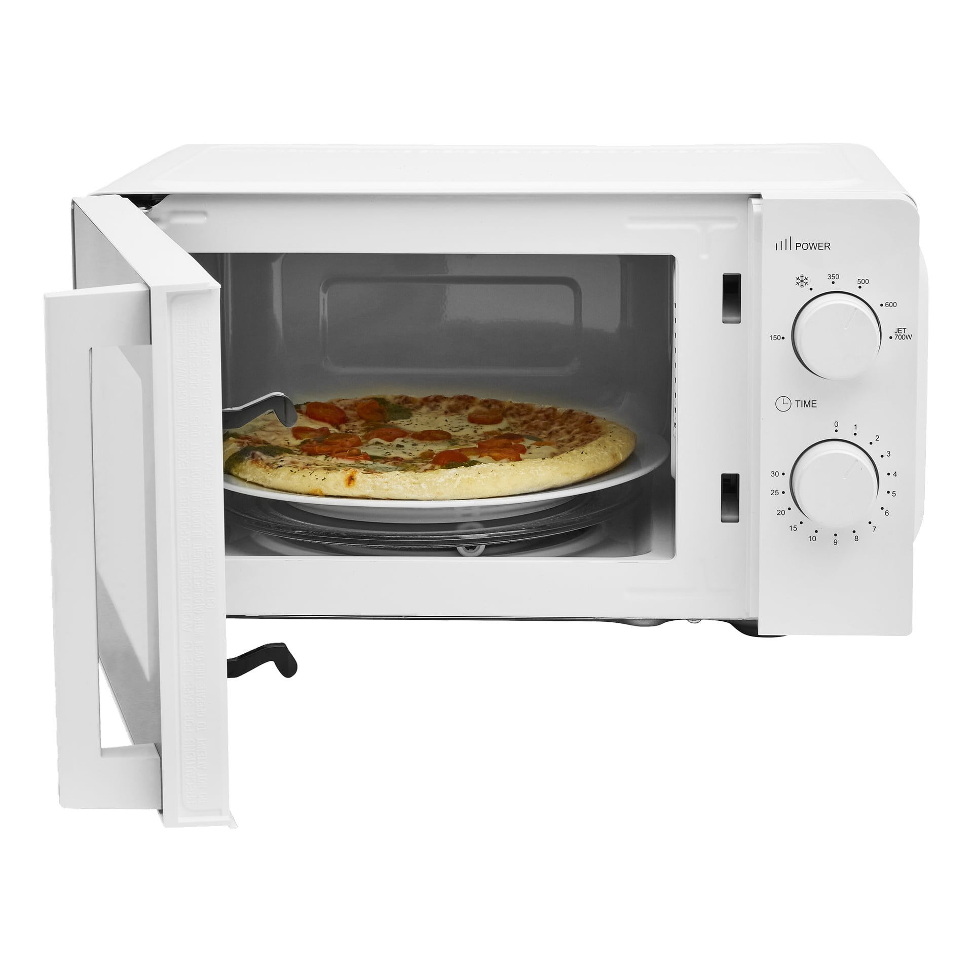En mikrovågsugn med öppen dörr visar en pizza toppad med olika ingredienser på skivspelaren; Två kontrollrattar är synliga.