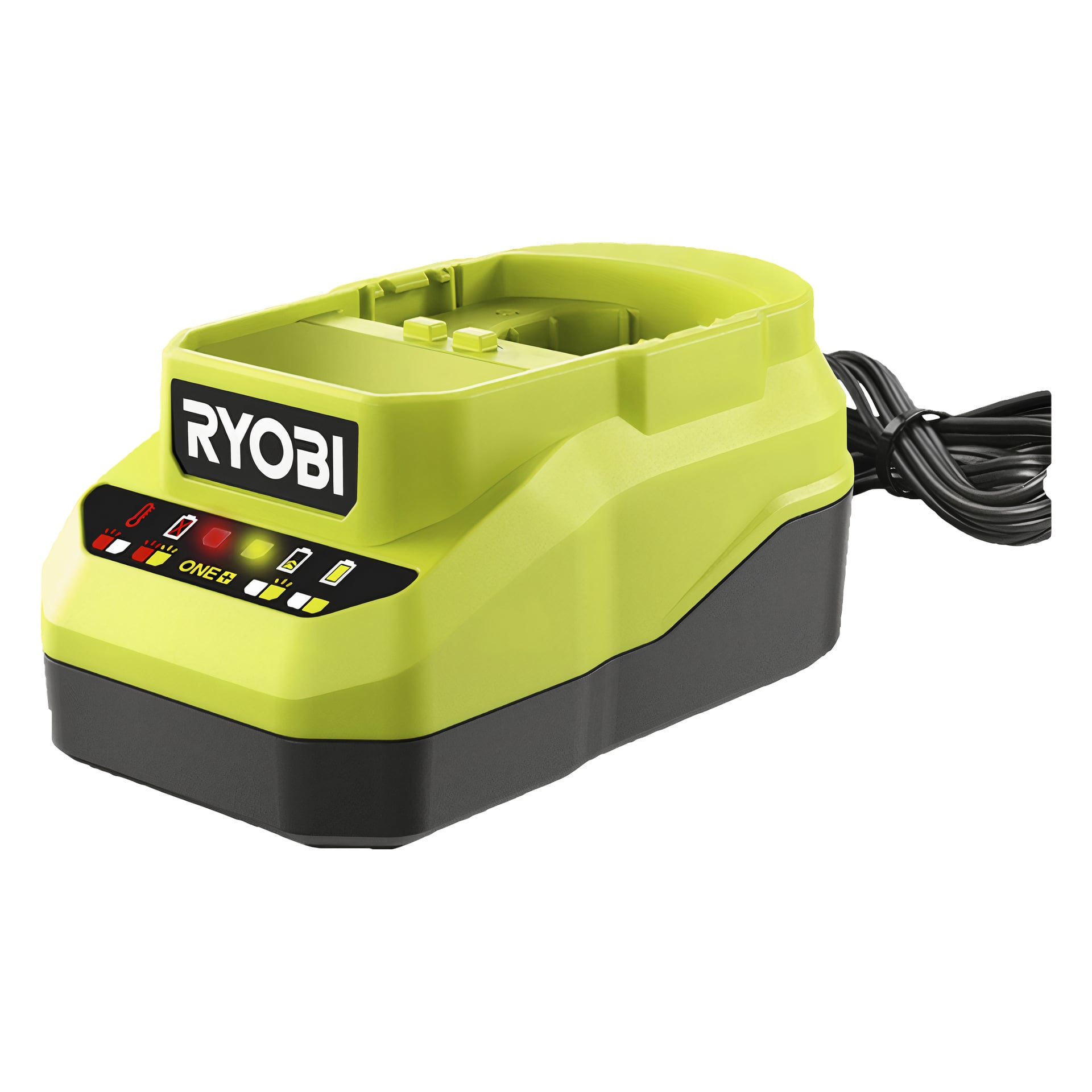 Ryobi-Batterieladegerät mit limonengrünen und schwarzen Farben, Kontrollleuchten, Stromkabel und einem oberen Schlitz zum Einsetzen der Batterie.