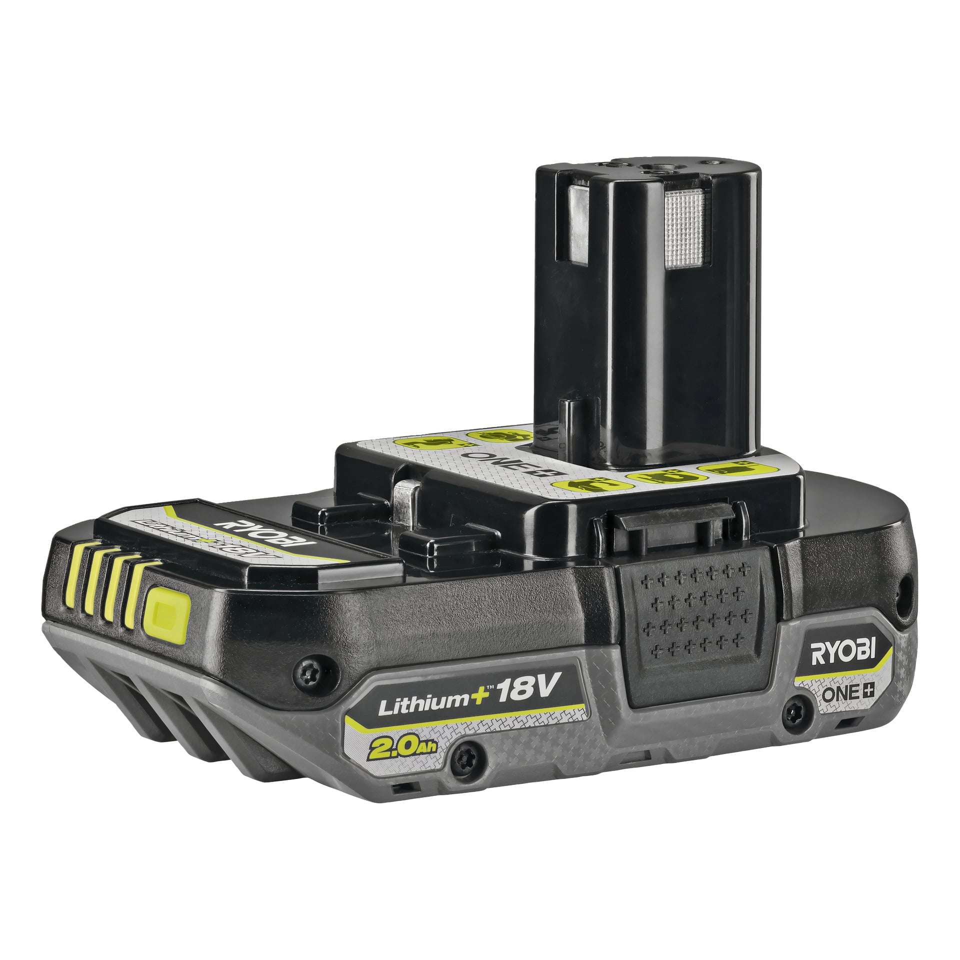 Eine Ryobi 18V 2,0Ah Lithium-Ionen-Elektrowerkzeugbatterie mit schwarzem und grauem Gehäuse, gelben Akzenten und sichtbaren Marken.
