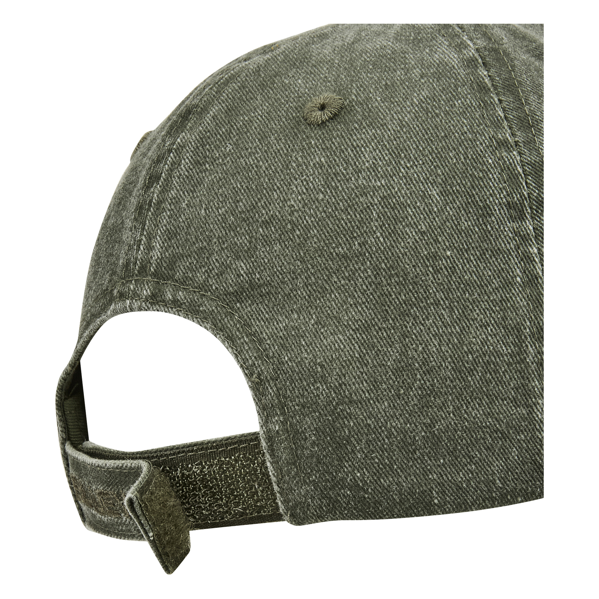 Nahaufnahme der Rückseite einer grünen Jeans-Baseballkappe, mit einem Stoffriemen mit Velcro-Verschluss und sichtbaren Nähdetails.