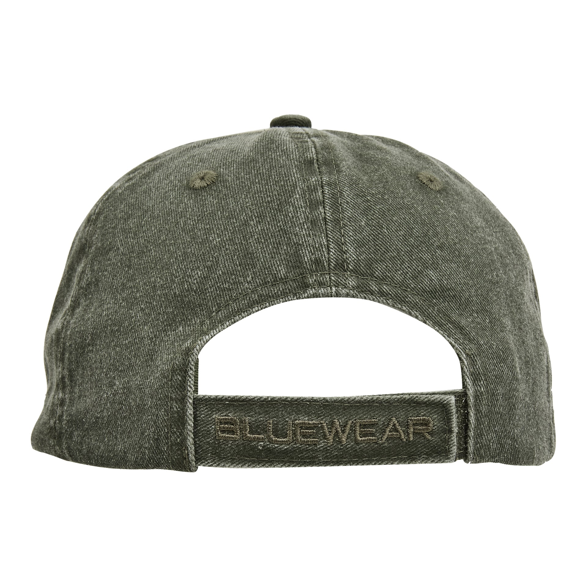 Olivgrüne Jeans-Baseballkappe von hinten zu sehen, mit einem verstellbaren Riemen, der mit BLUEWEAR in passendem Garn bestickt ist.