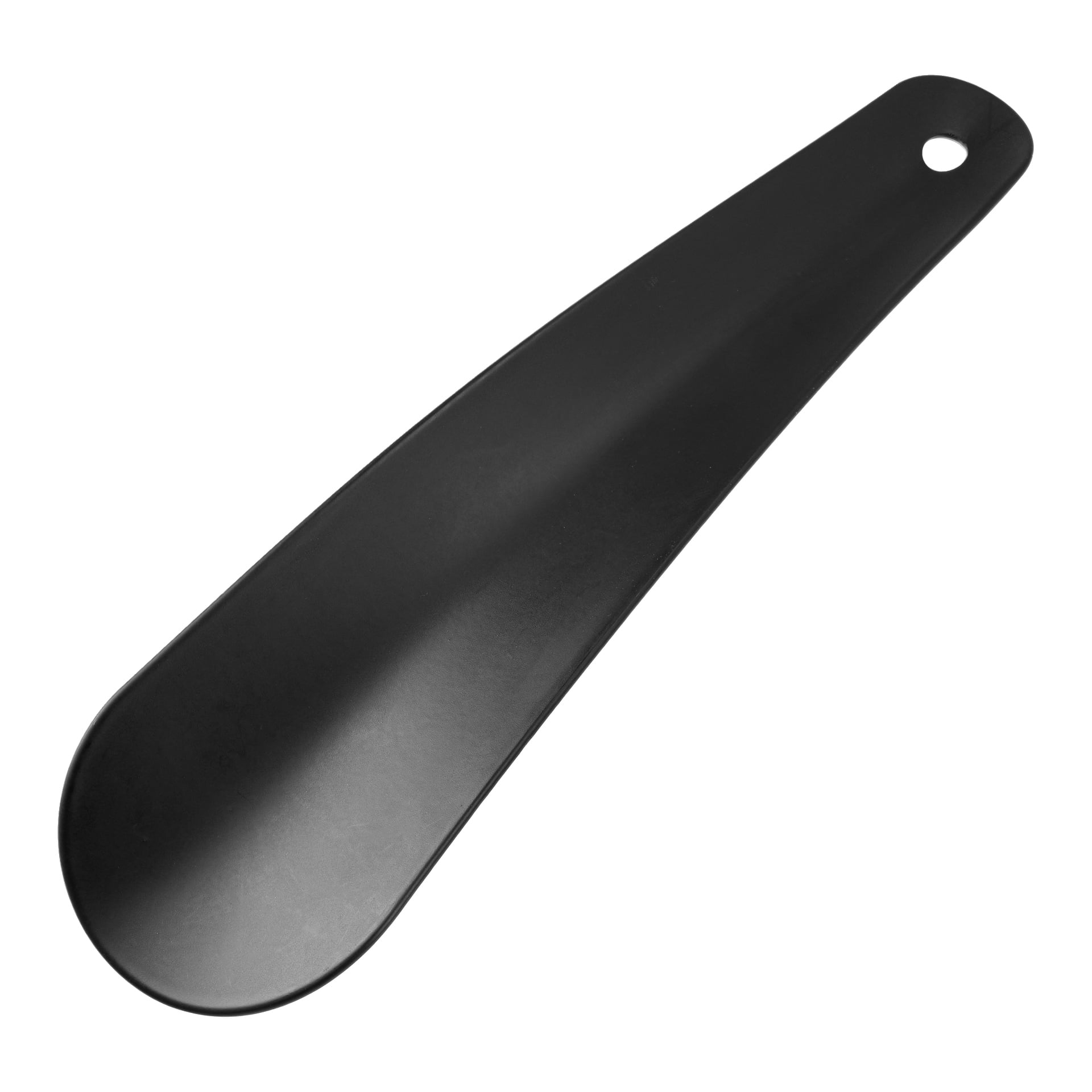 Ett böjt svart plastskohorn med ett hål i den bredare änden.