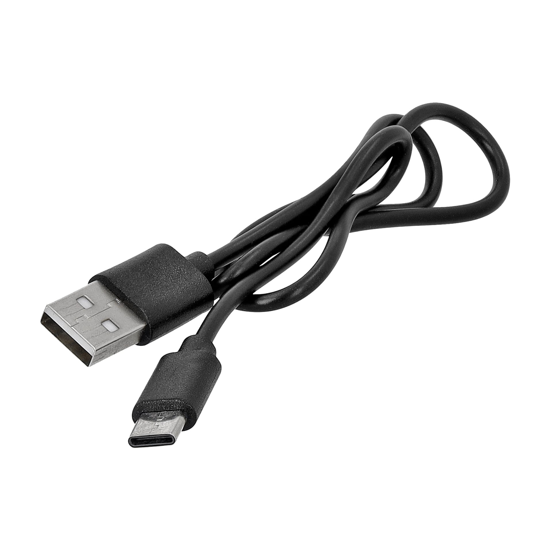 En svart USB-kabel med en USB Type-A-kontakt i den ene enden og en USB Type-C-kontakt i den andre.