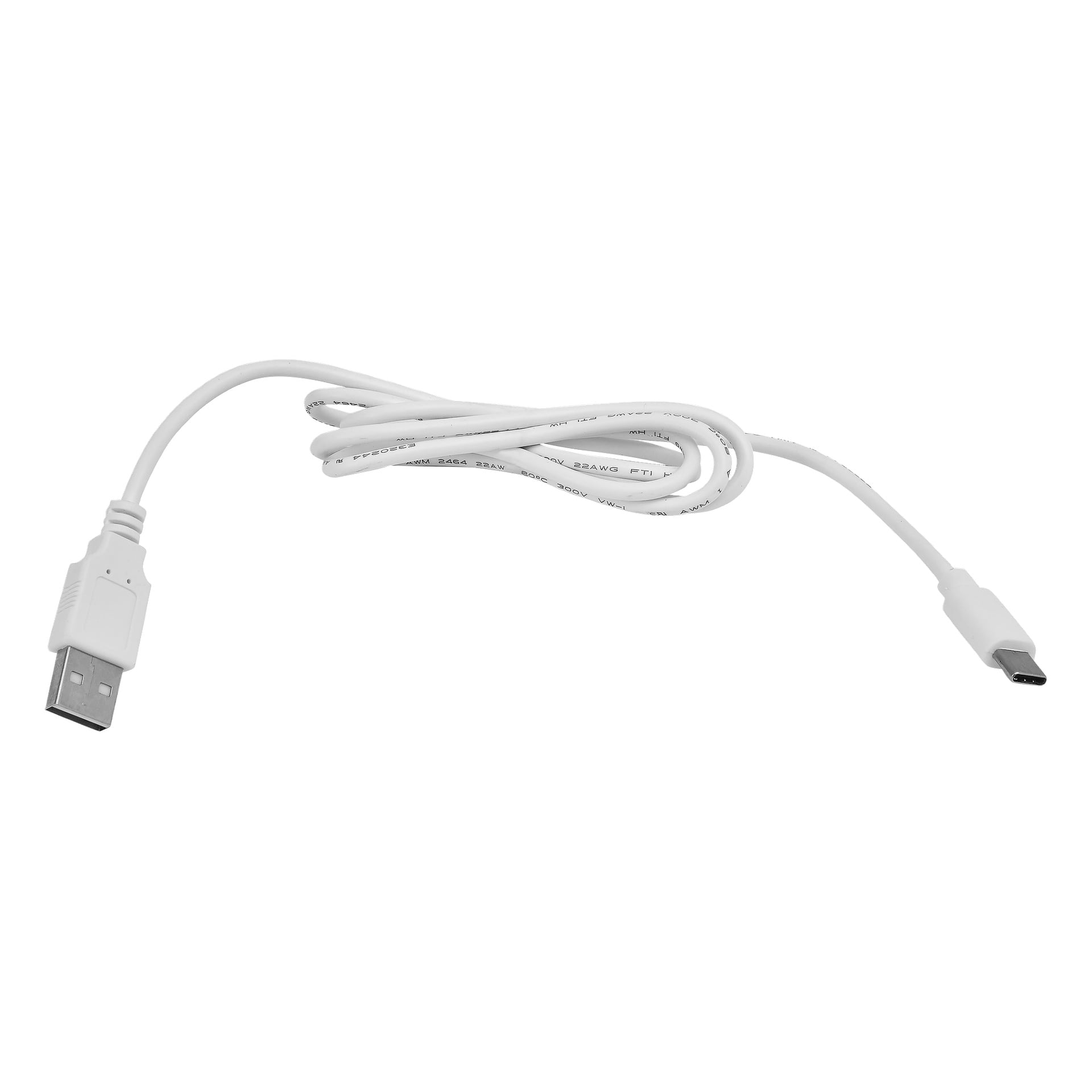 En sammenrullet hvit USB-kabel med en USB-A-kontakt på den ene siden og en USB-C-kontakt på den andre.