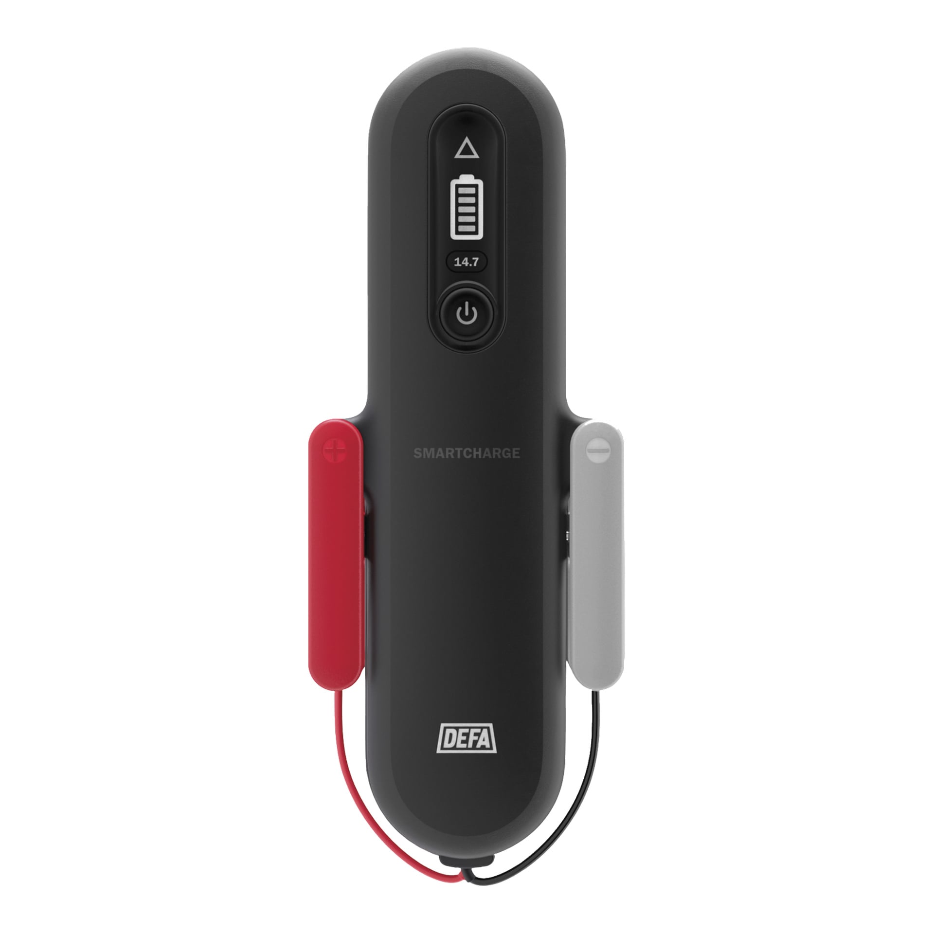 Svart DEFA SmartCharge-batteriladdare med en digital display på 14,7 grader, strömknapp och röda och grå krokodilklämmor fästa.