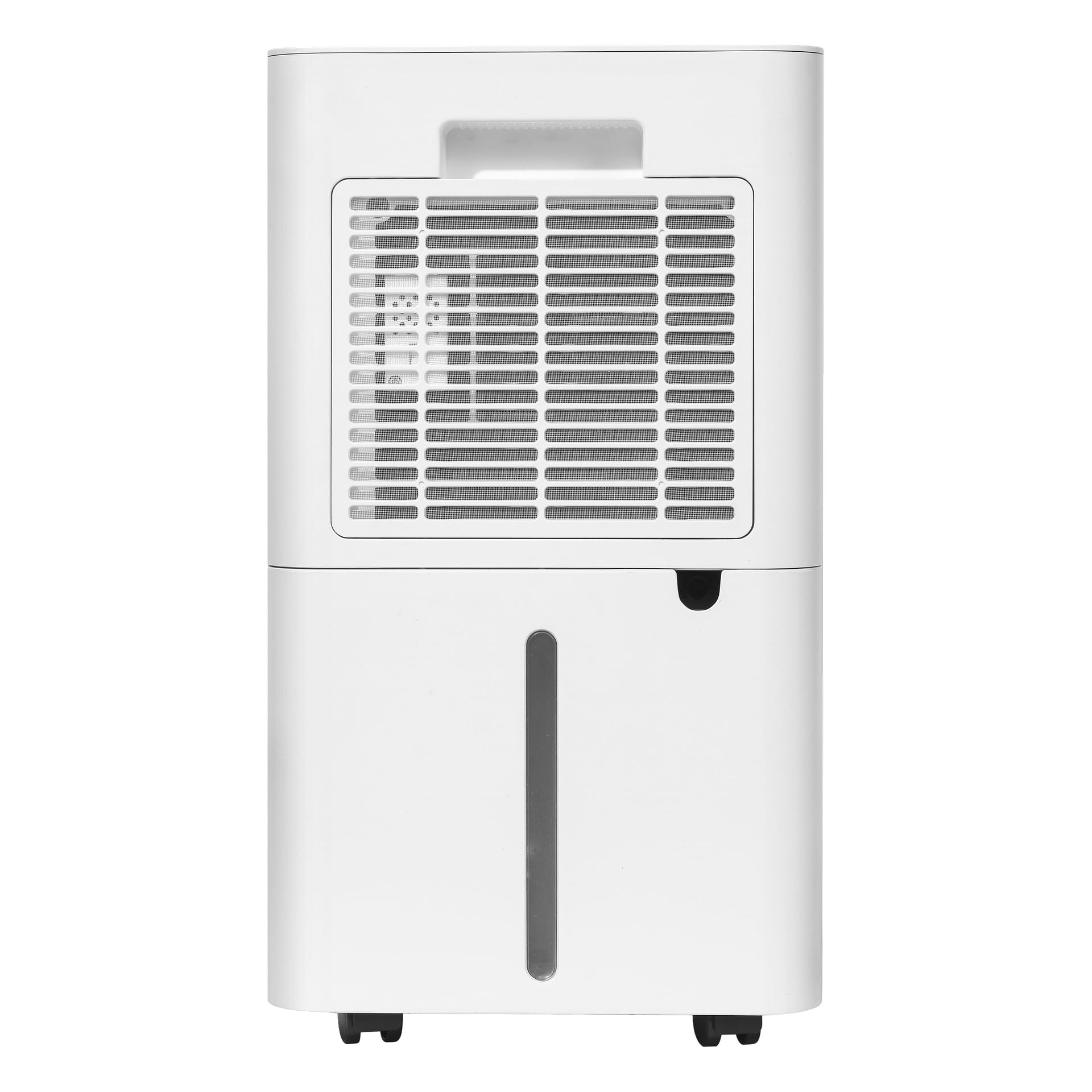 Hvit avfukter med øvre ventilert grill, øvre håndtak, lavere vannnivå og små hjul for mobilitet.