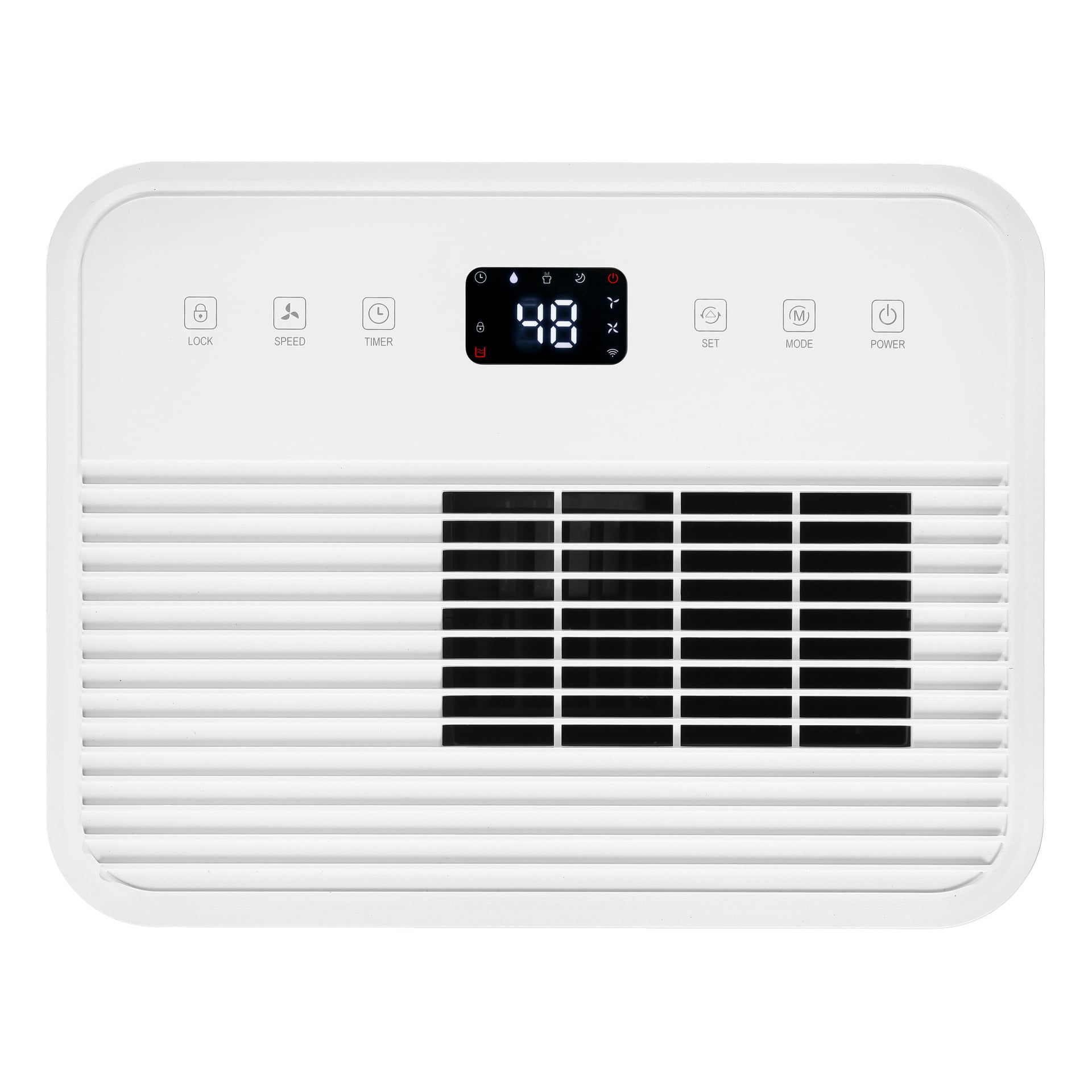 Närbild på en vit enhet med en digital skärm som visar 48 och knappar för Lås, Hastighet, Timer, Ställ, Läge och Ström ovanför en ventil.