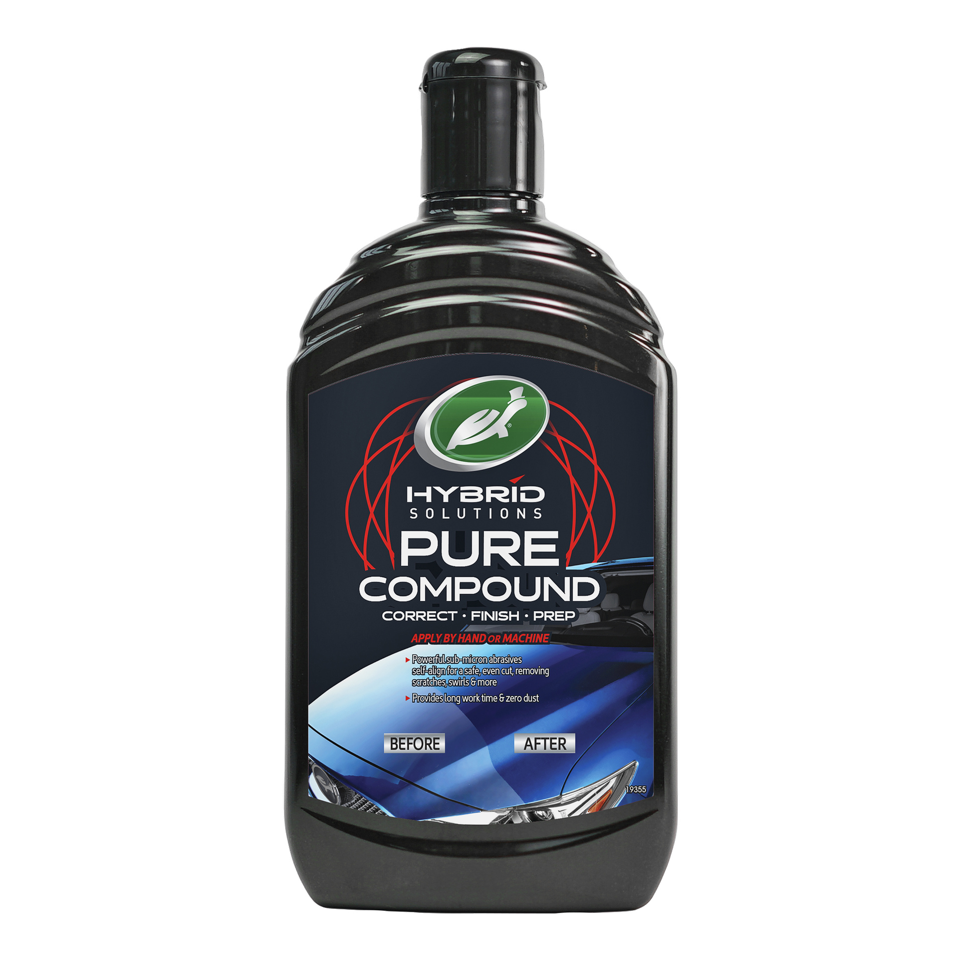 En svart flaska Hybrid Solutions Pure Compound med svart lock och etikett, som visar en blå bilhuv före och efter applicering.