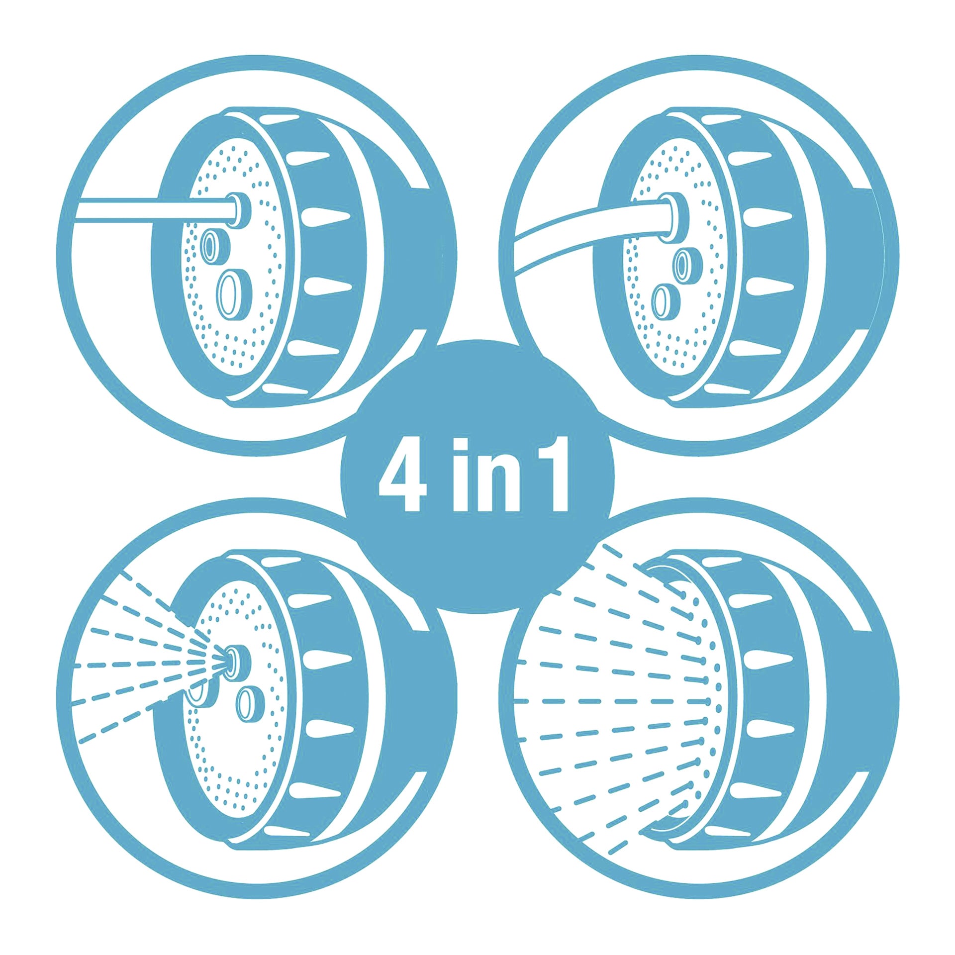 Diagram som viser et rundt dusjhode med alternativer for tre dyser, enkeltstråle, sidedyser og bred spray; Center leser 4 i 1.