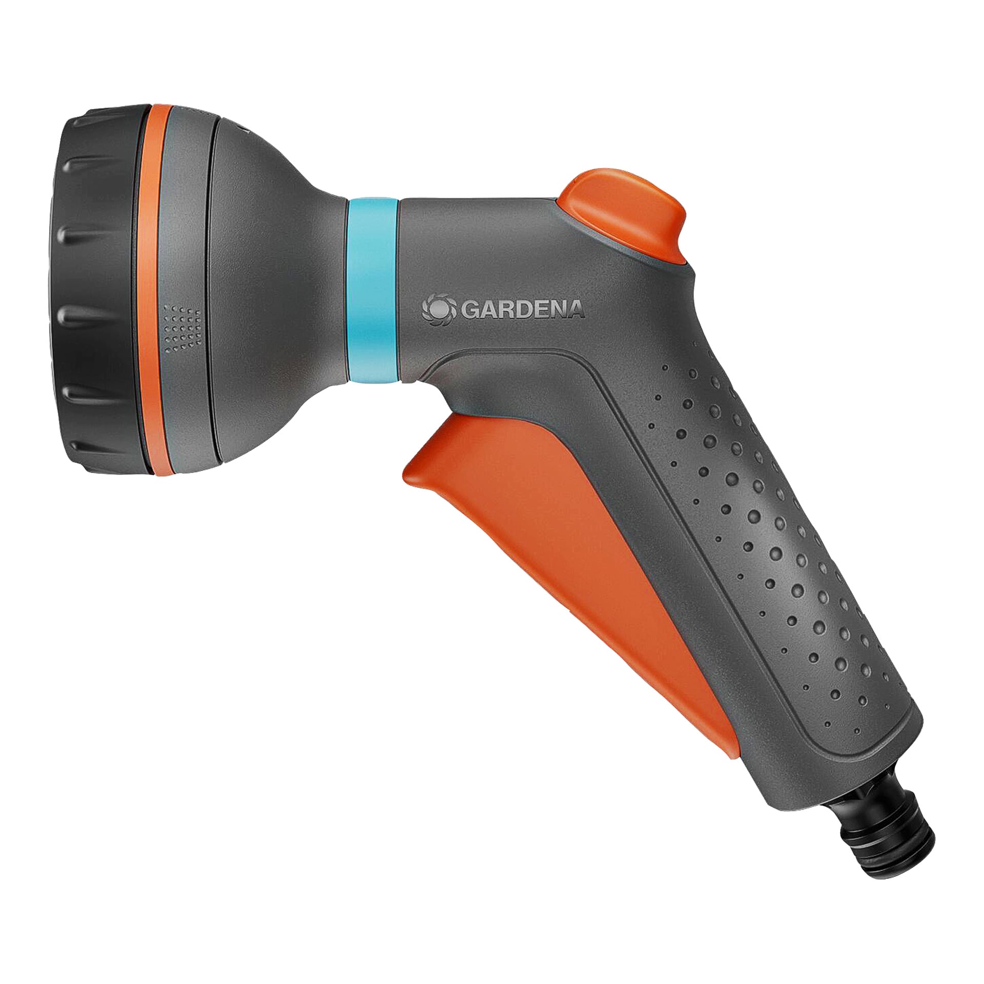 En grå og oransje hageslangedyse med avtrekkerhåndtak og justerbar spray, som viser Gardena-merket, passer til standardslanger.