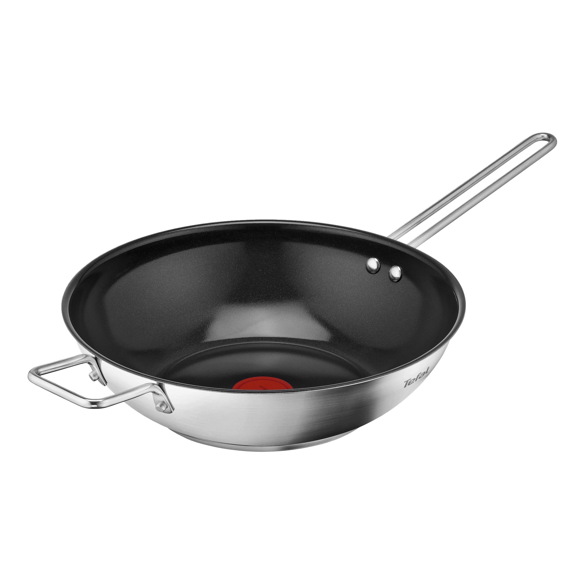 En non-stick stekepanne i rustfritt stål med et langt håndtak og et hjelpehåndtak, som viser en rød, sirkulær varmeindikator på innerbasen.