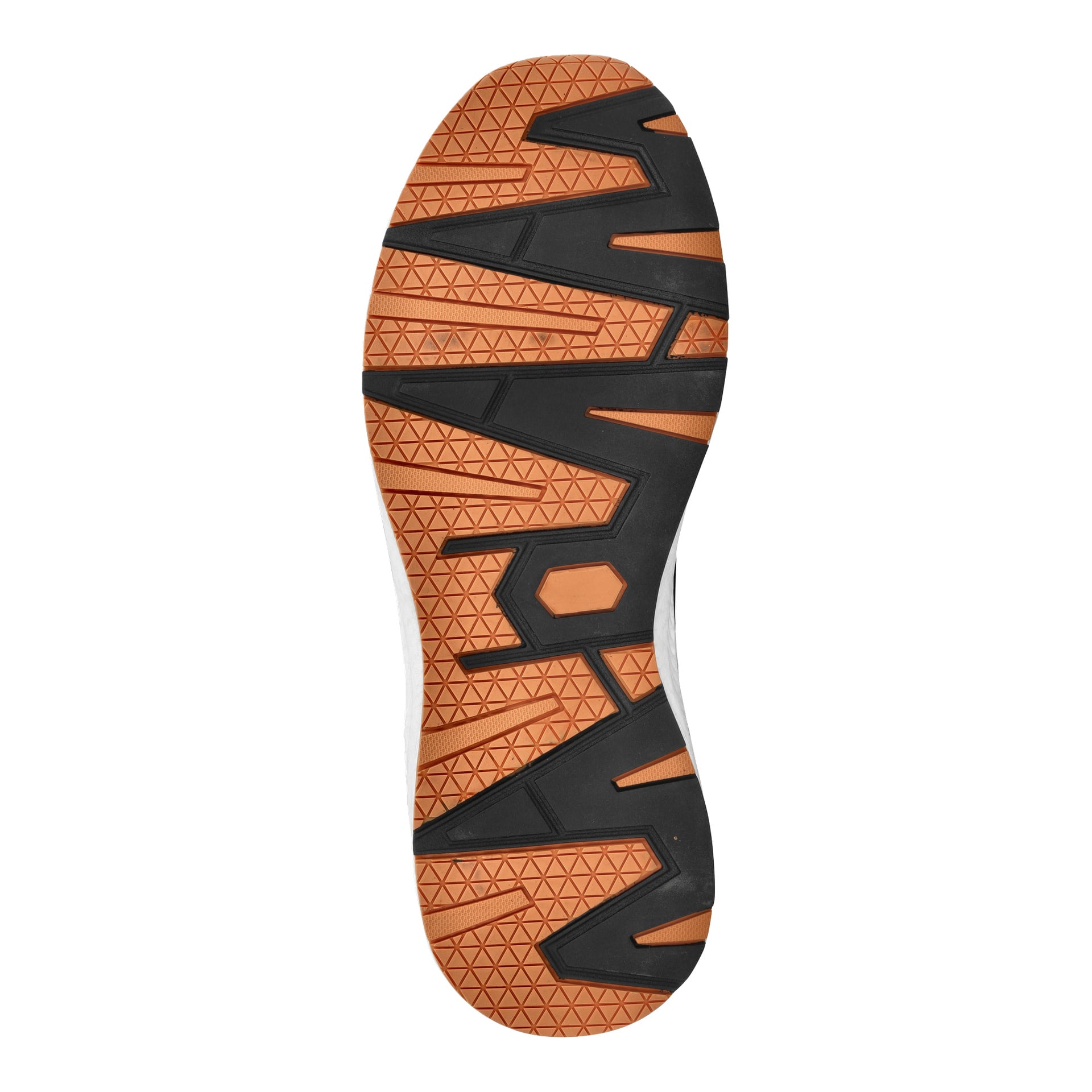 Skosulan visar ett orange och svart gummimönster med geometriska mönster och spår; vita övre kanter är delvis synliga.