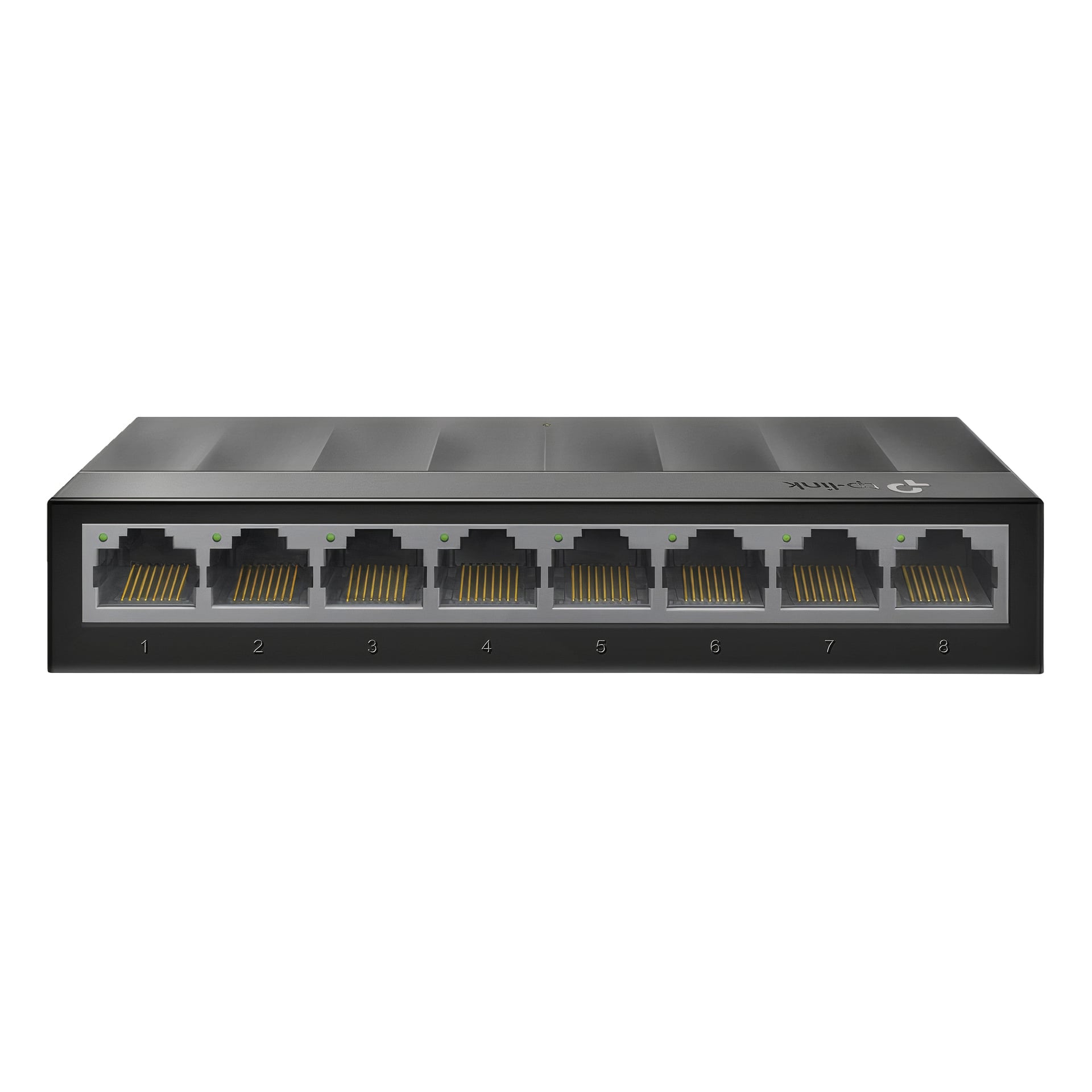En svart TP-Link-switch med åtta numrerade Ethernet-portar, var och en toppad med en grön statuslampa.