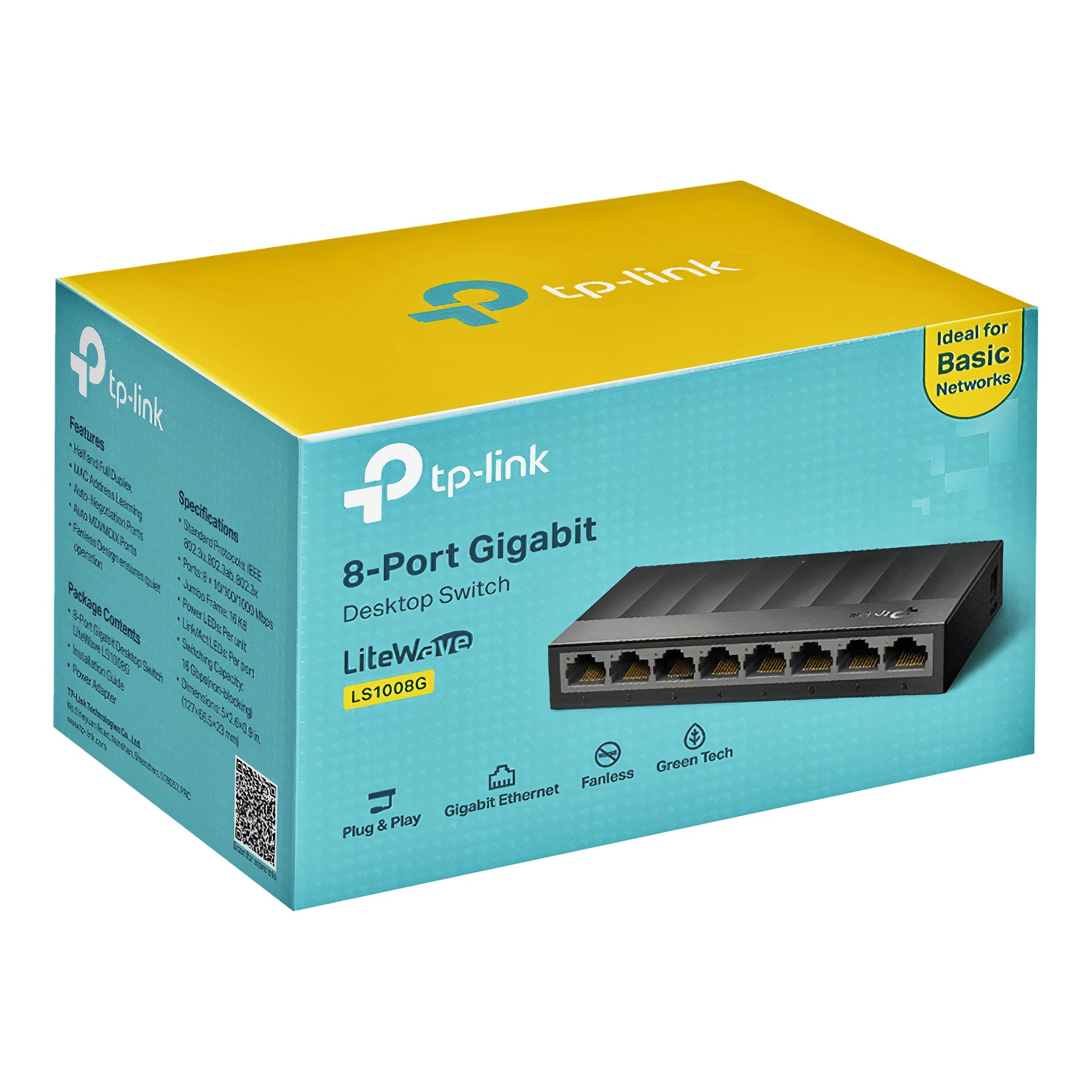 En tp-länk LiteWave LS1008G 8-ports Gigabit-switchbox visar enheten och lyfter fram plug & play samt gigabit Ethernet-funktioner.