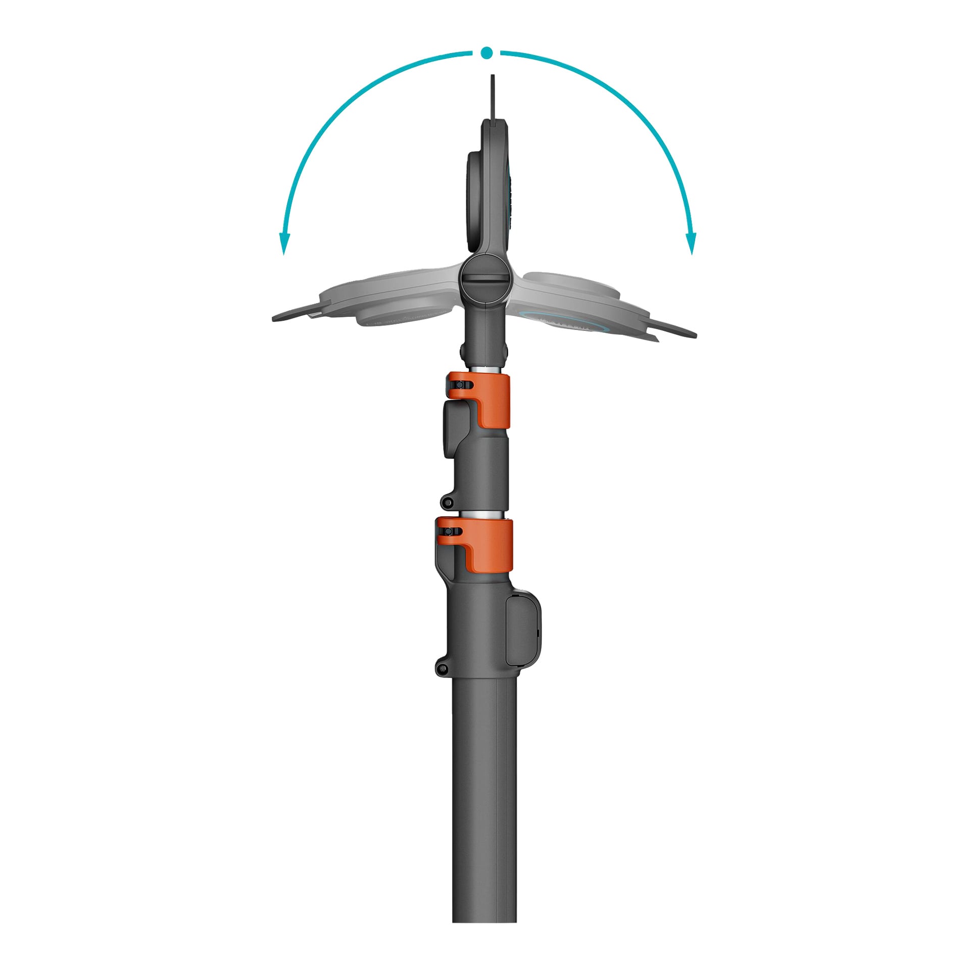Diagram som visar en teleskopstång med orange lås och en toppmonterad lutningsanordning, illustrerad med böjda blå pilar.