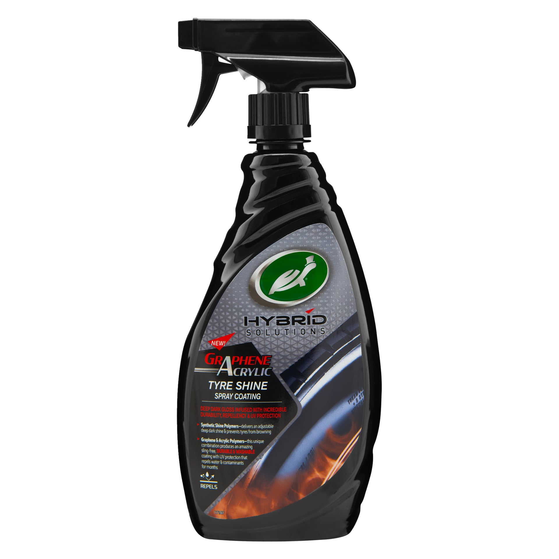 Musta suihkepullo Hybrid Solutions Graphene Acrylic Tyre Shine Spray Coating -pinnoitusta, jossa on brändäys ja kiiltävä rengas lähikuva etiketissä.