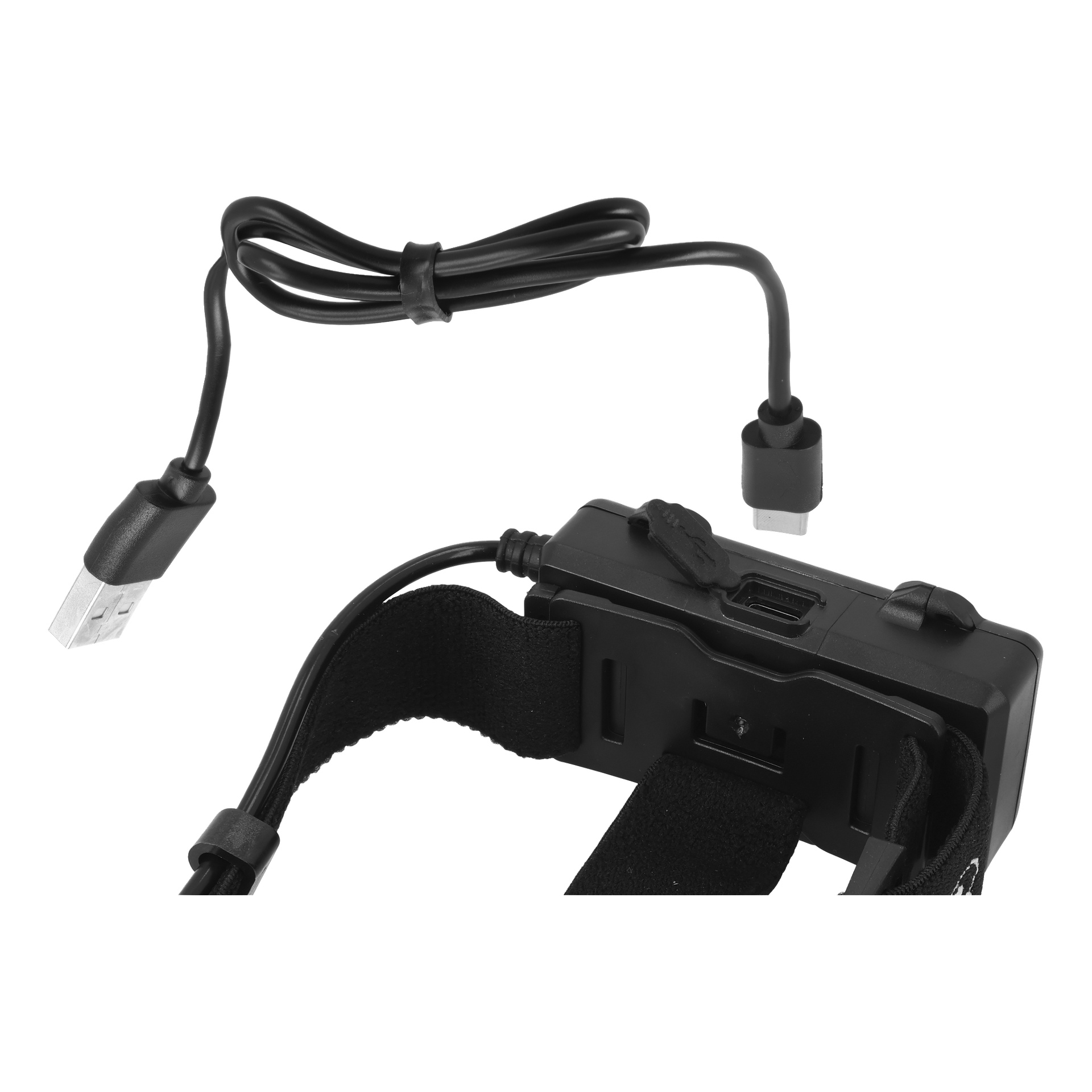 Lähikuva laitteesta, jossa on musta hihna, USB- ja micro-USB-liittimet, näkyvät portit ja pieni kytkin tai painike.