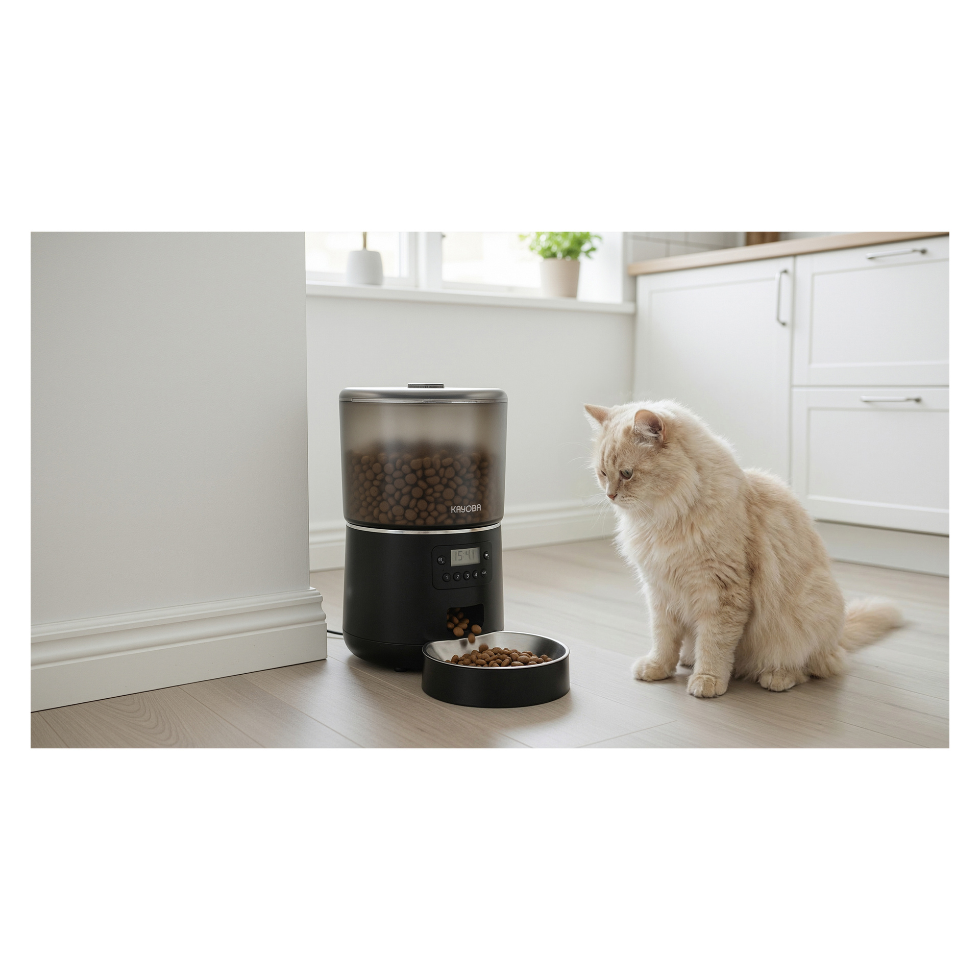 Eine cremefarbene, flauschige Katze sitzt auf einem hellen Holzboden neben einem automatischen Futterspender und wirft Trockenfutter in eine Metallschale in einer modernen Küche.