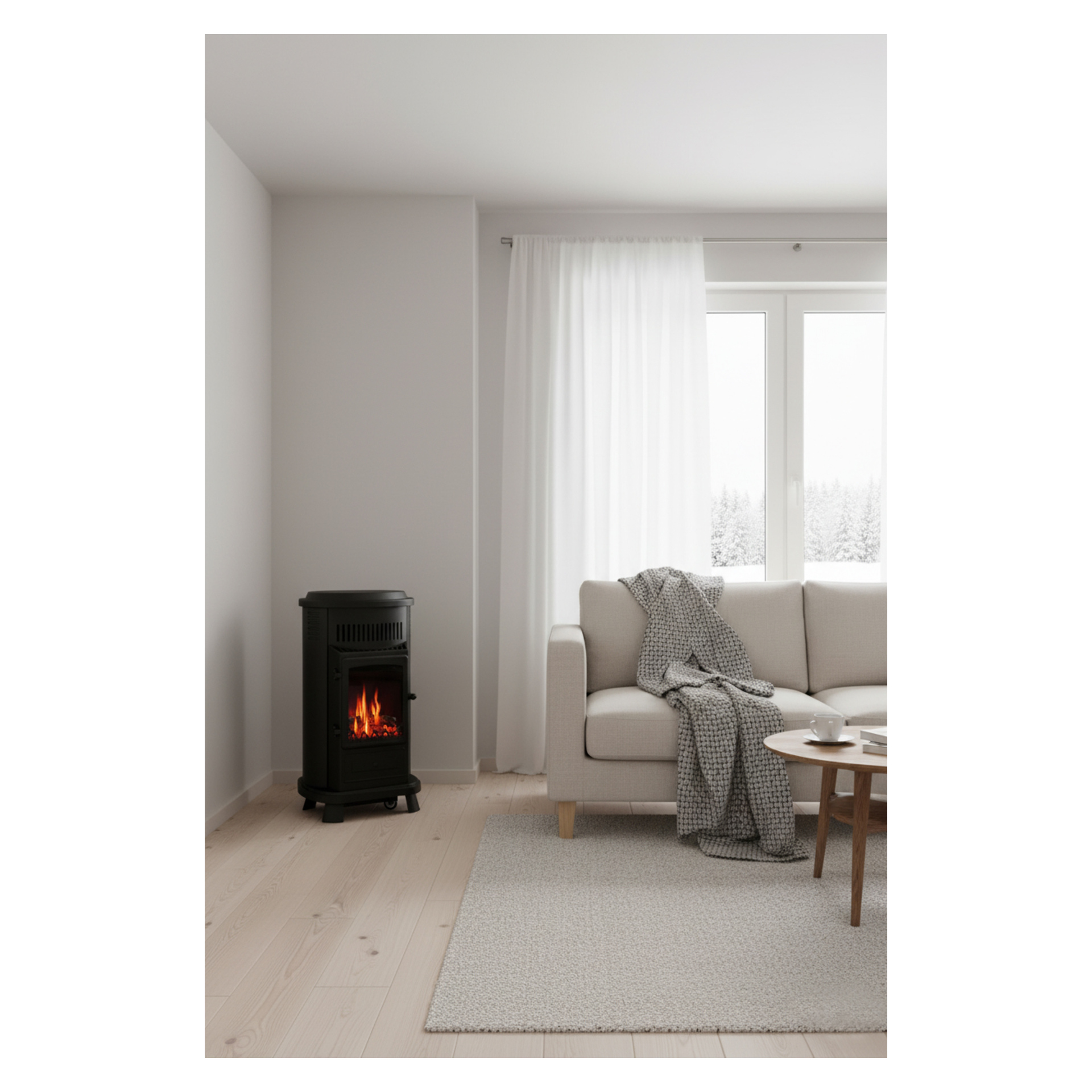 Modern vardagsrum med ljusa trägolv, beige soffa, grå pläd, runt soffbord, spisspis, öppen spis och snötäckt utsikt utomhus.