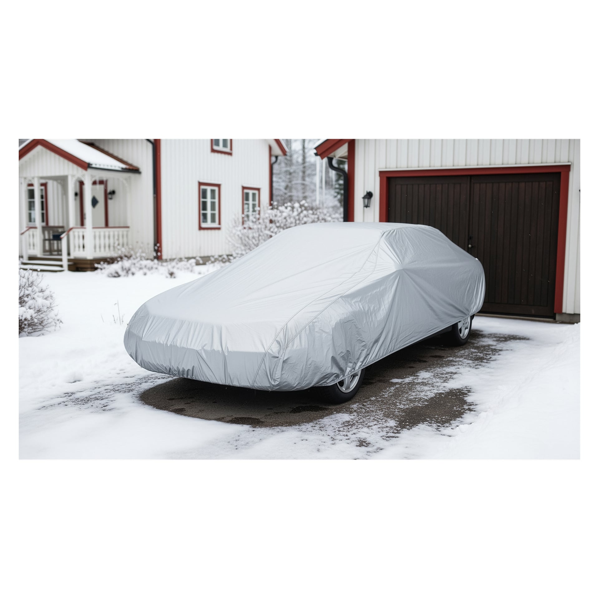 En grå bil står på en snötäckt uppfart bredvid ett hus med vit fasad och röda lister; Snö täcker marken och taket.