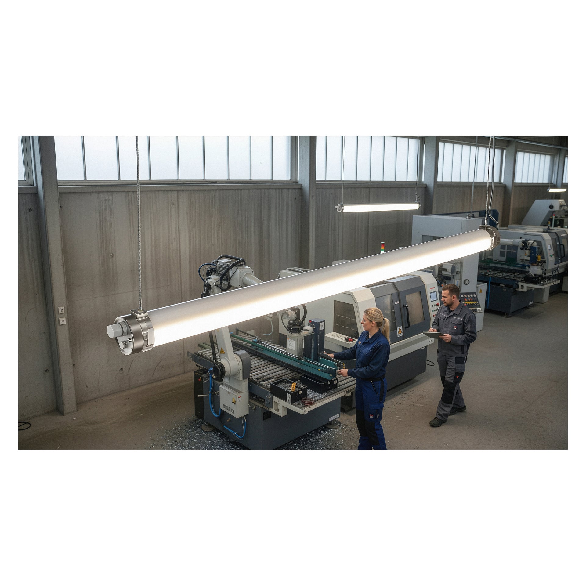 To arbeidere i industriuniformer bruker en CNC-maskin i en lys fabrikk, hvor den ene tar notater på et nettbrett blant utstyr og metallspon.